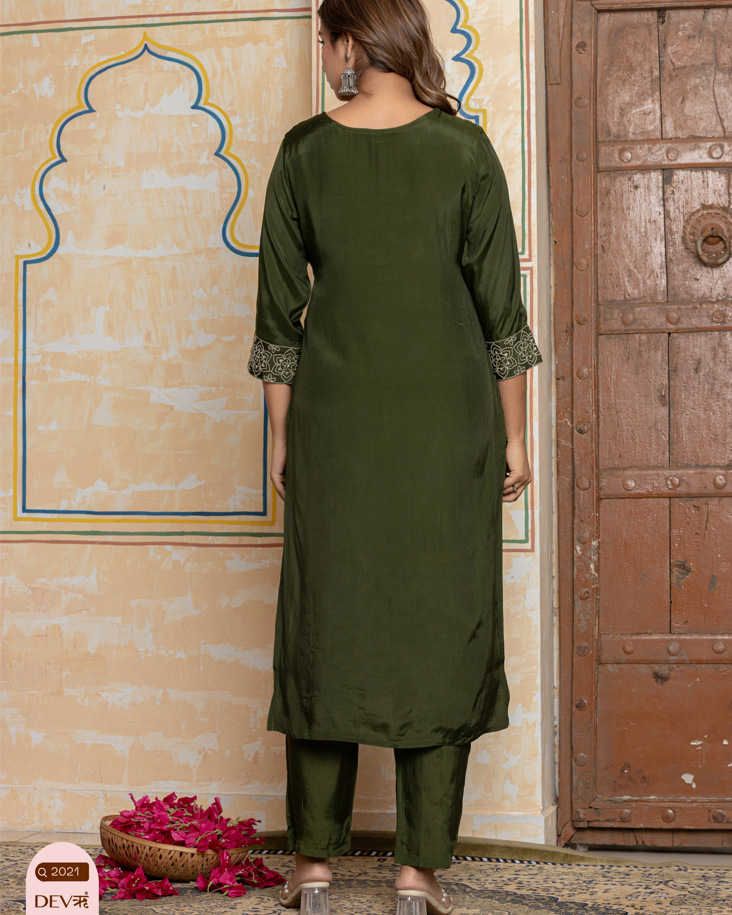 Olive Green Embroidered Muslin 3-Piece Set - {2021}