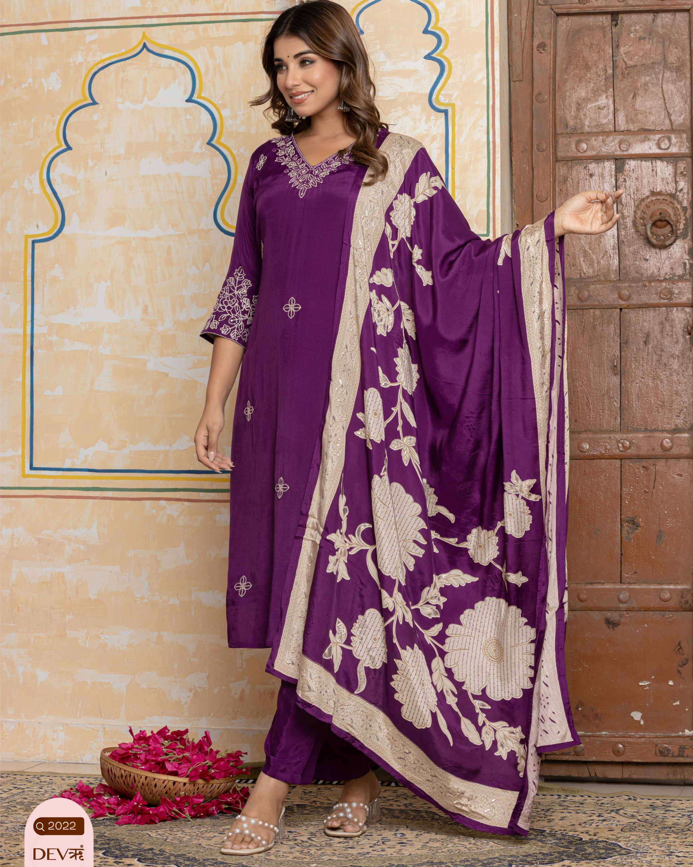 Purple Embroidered Muslin 3-Piece Set - {2022}