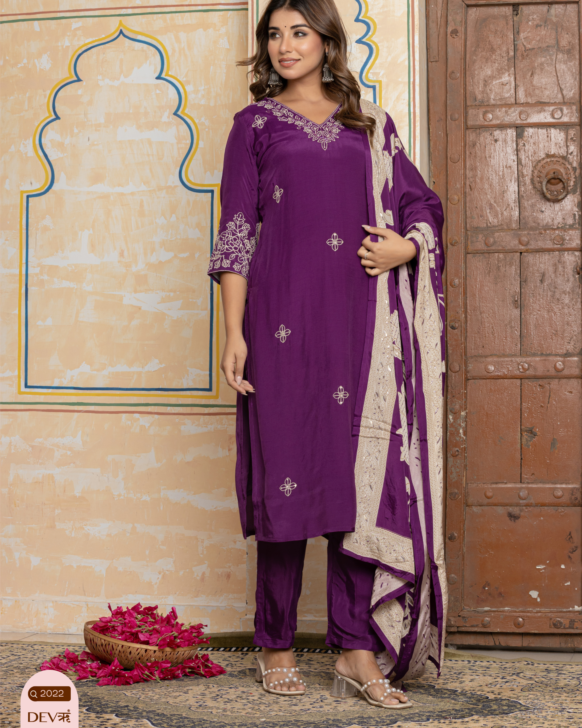 Purple Embroidered Muslin 3-Piece Set - {2022}