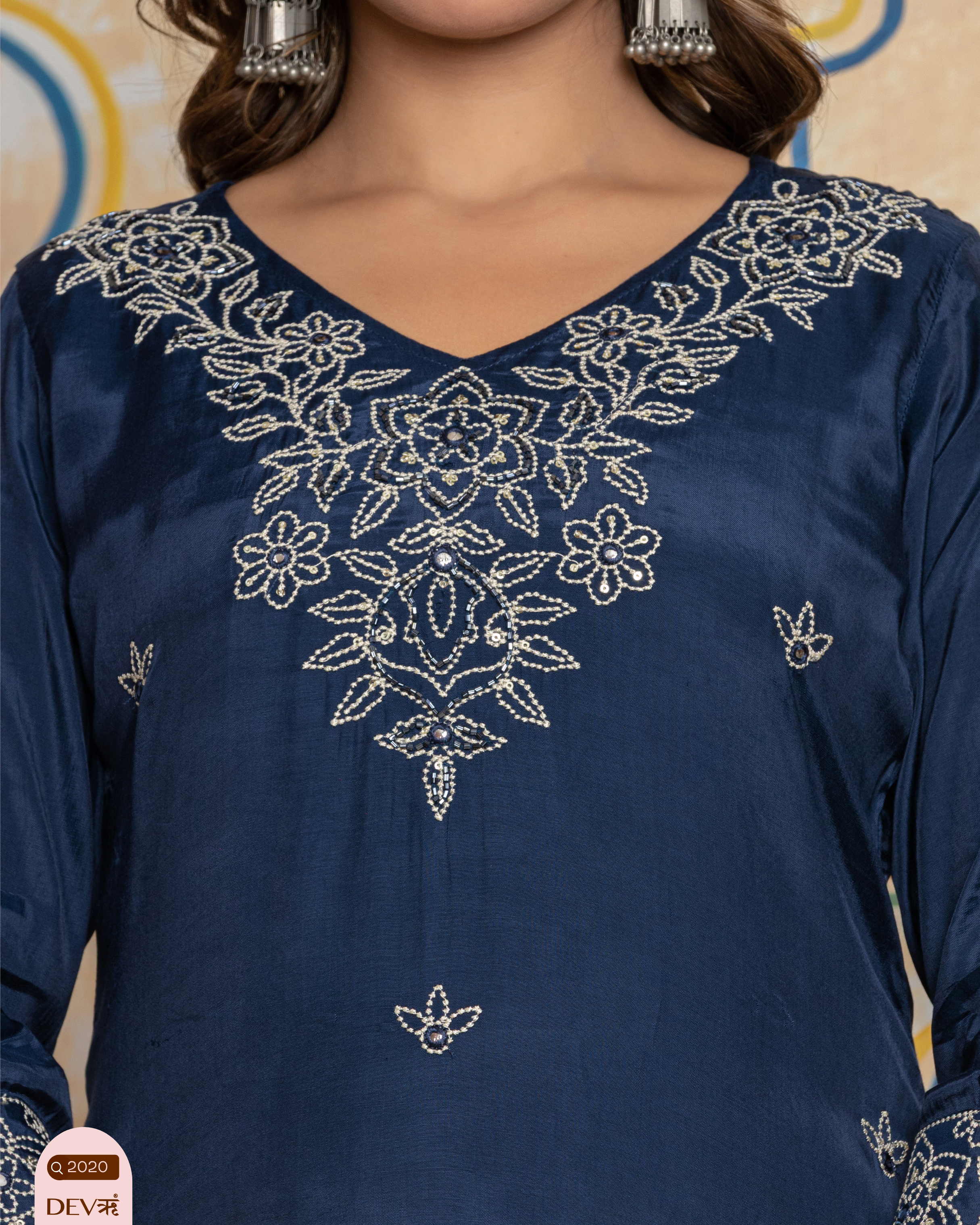 Navy Blue Embroidered Muslin 3-Piece Set - {2020}