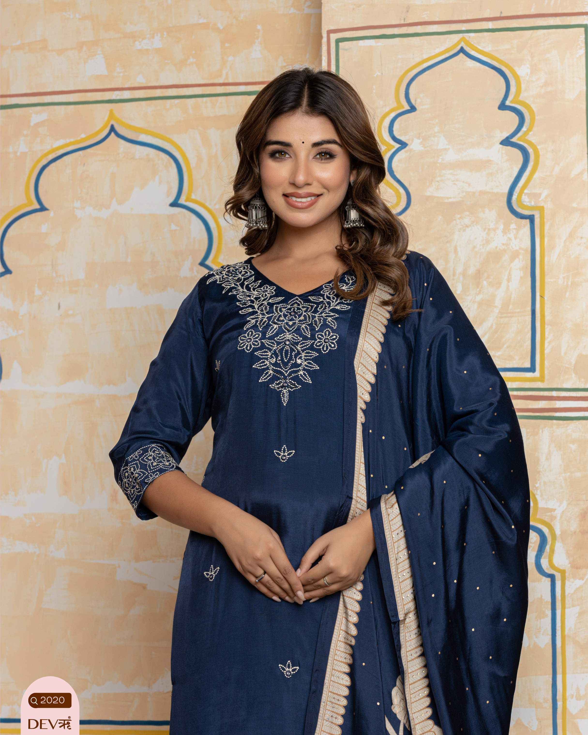 Navy Blue Embroidered Muslin 3-Piece Set - {2020}