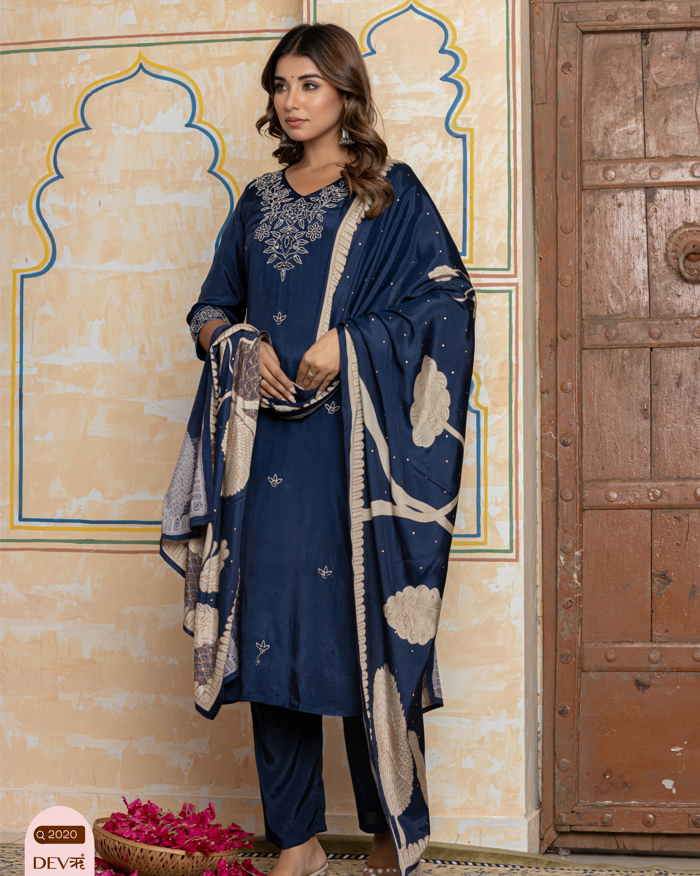 Navy Blue Embroidered Muslin 3-Piece Set - {2020/M}