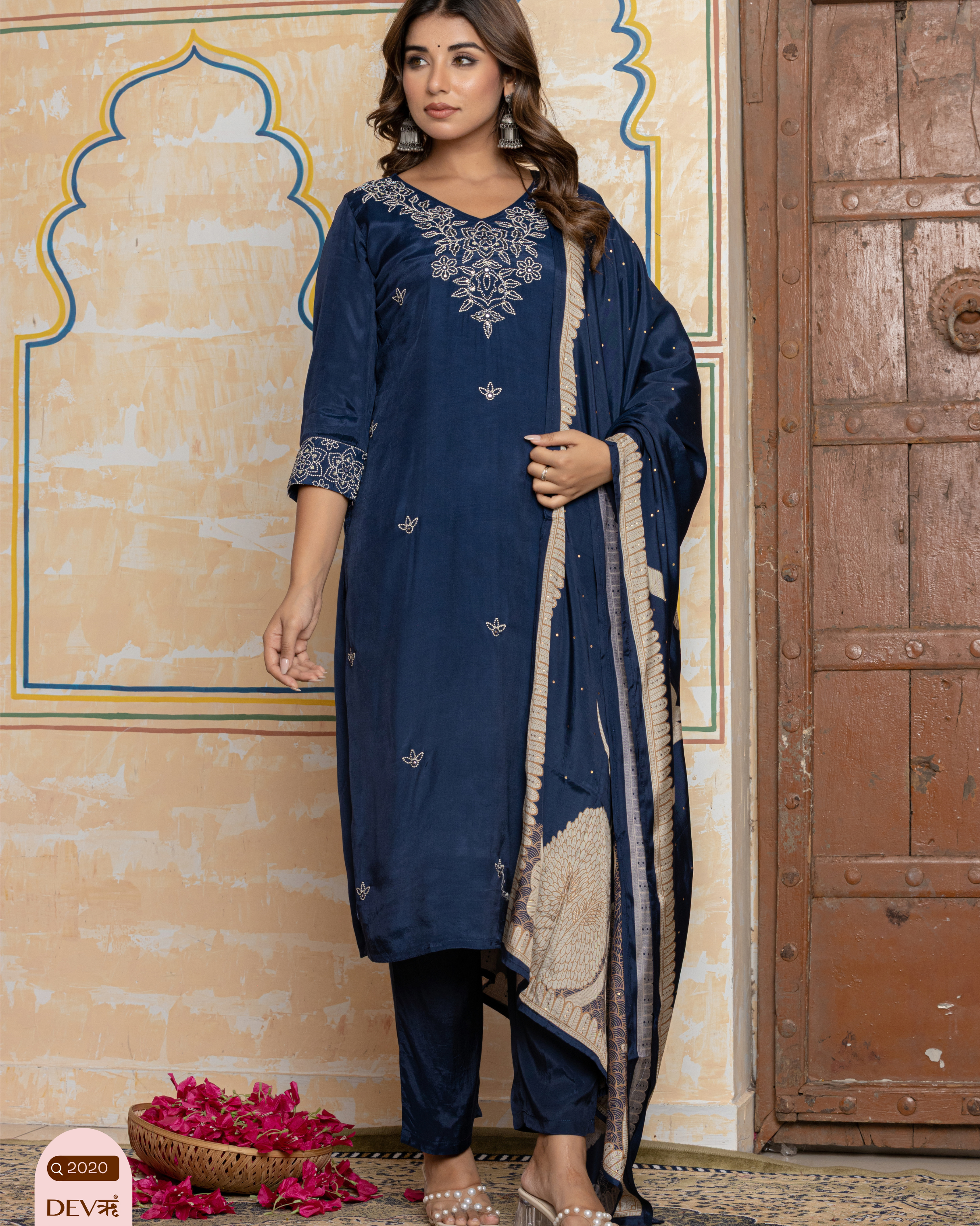 Navy Blue Embroidered Muslin 3-Piece Set - {2020}