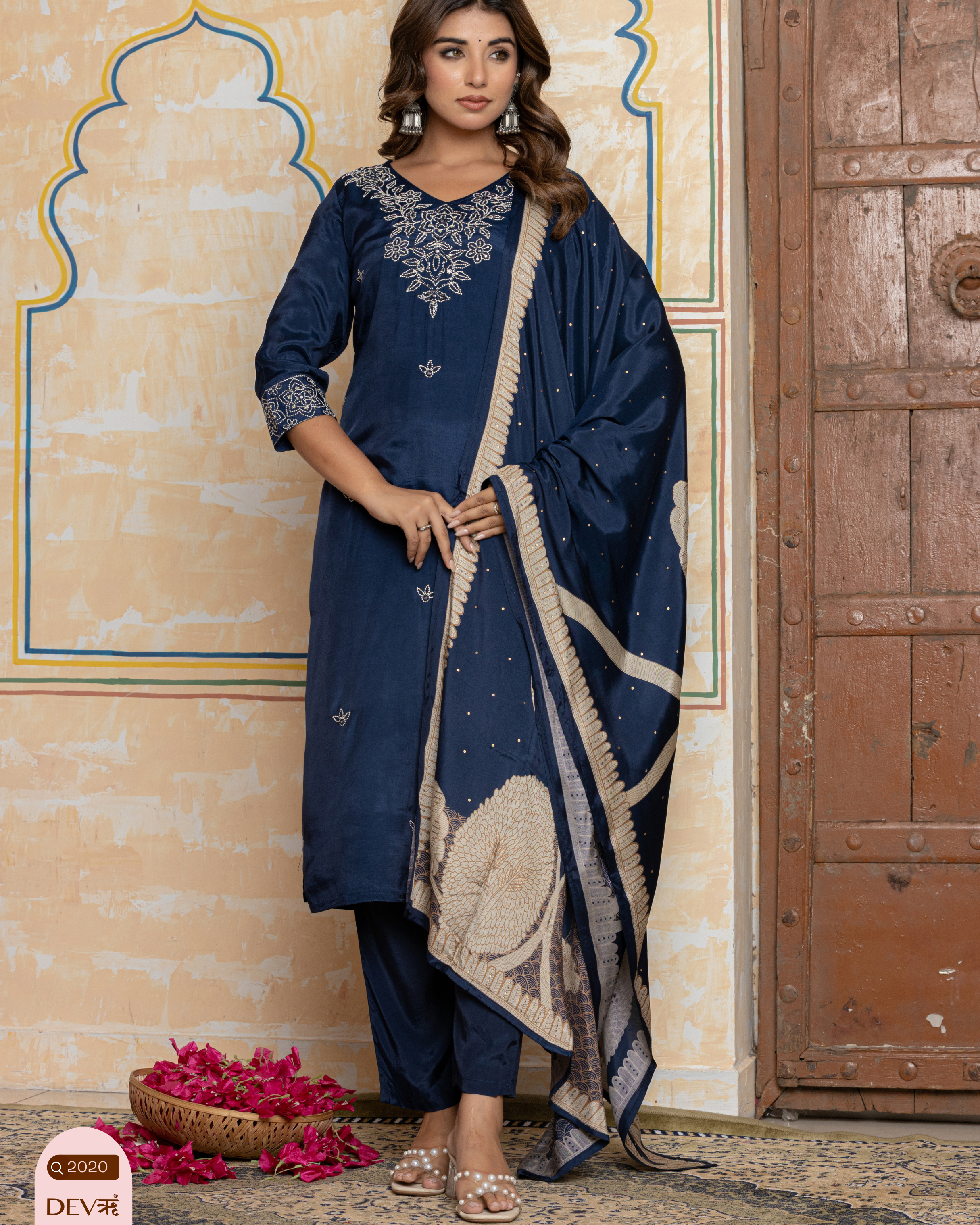 Navy Blue Embroidered Muslin 3-Piece Set - {2020}