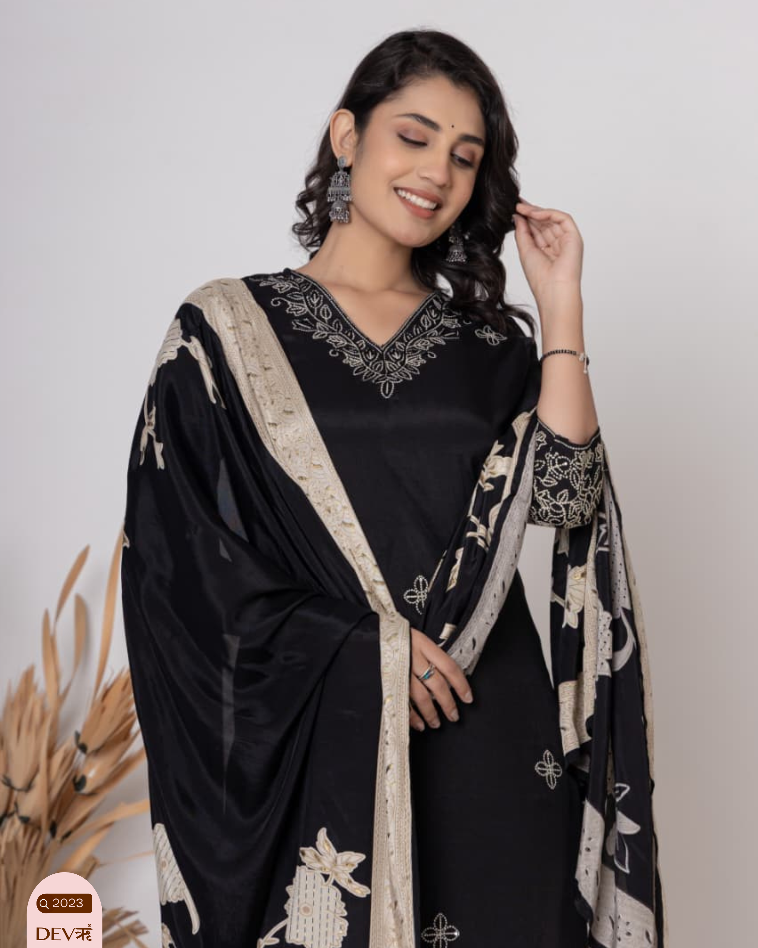Black Embroidered Muslin 3-Piece Set - {2023}