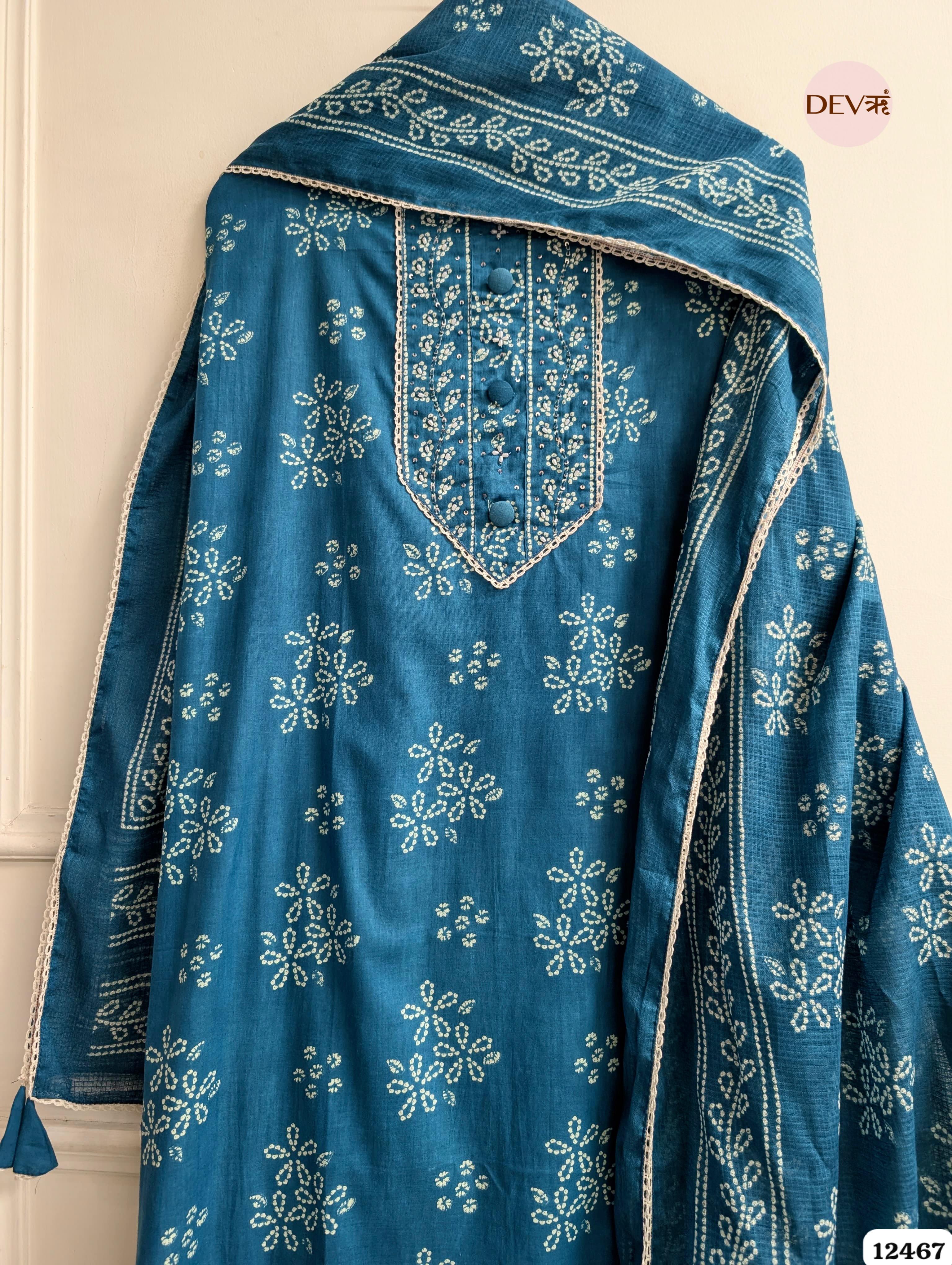 Teal Pure Cotton Printed Unstitched 3-Piece Suit (Devri – D.No. 12467)