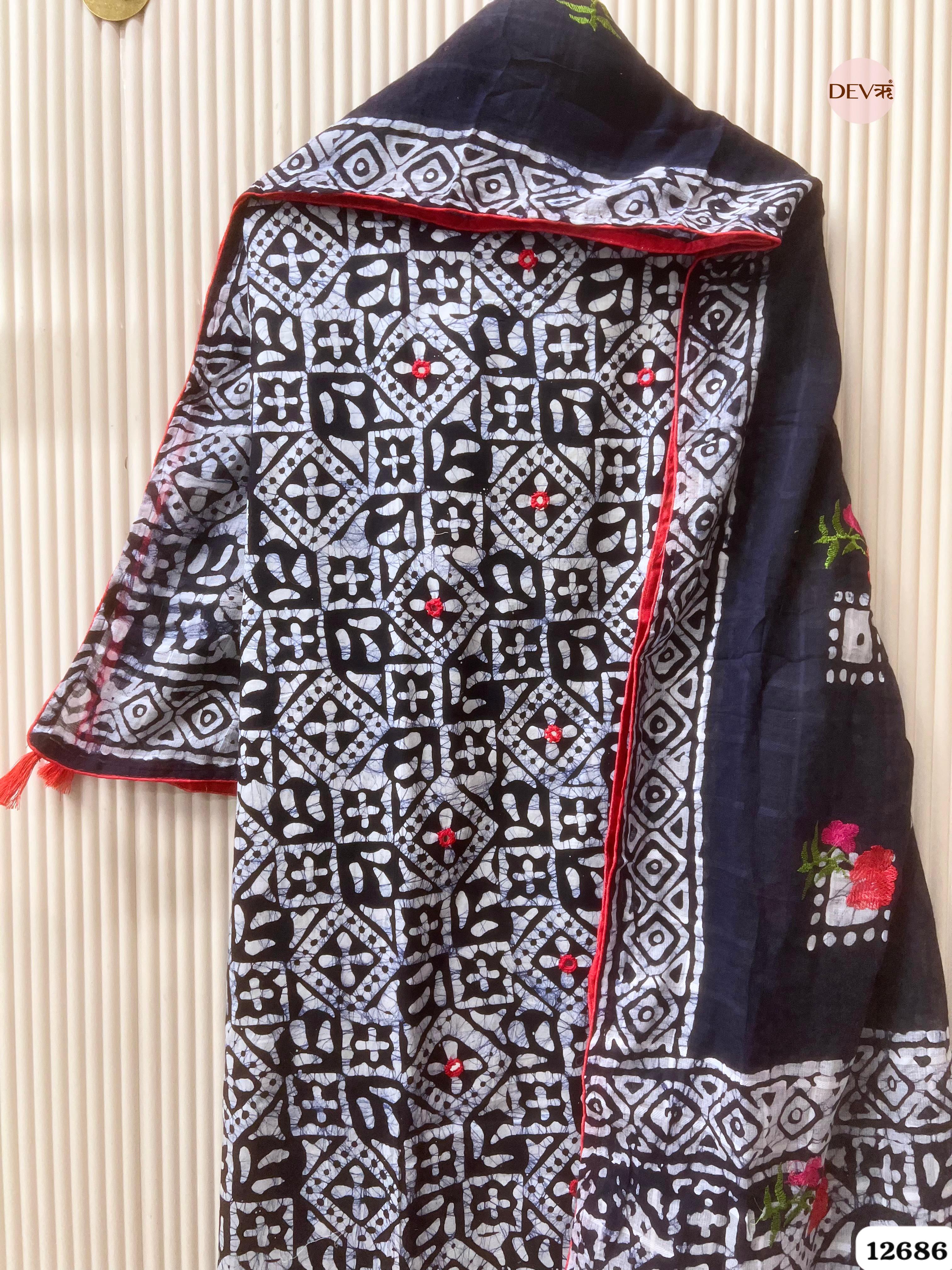 Navy Blue Cotton Batik Printed Unstitched 3-Piece Suit (Devri – D.No 12686)