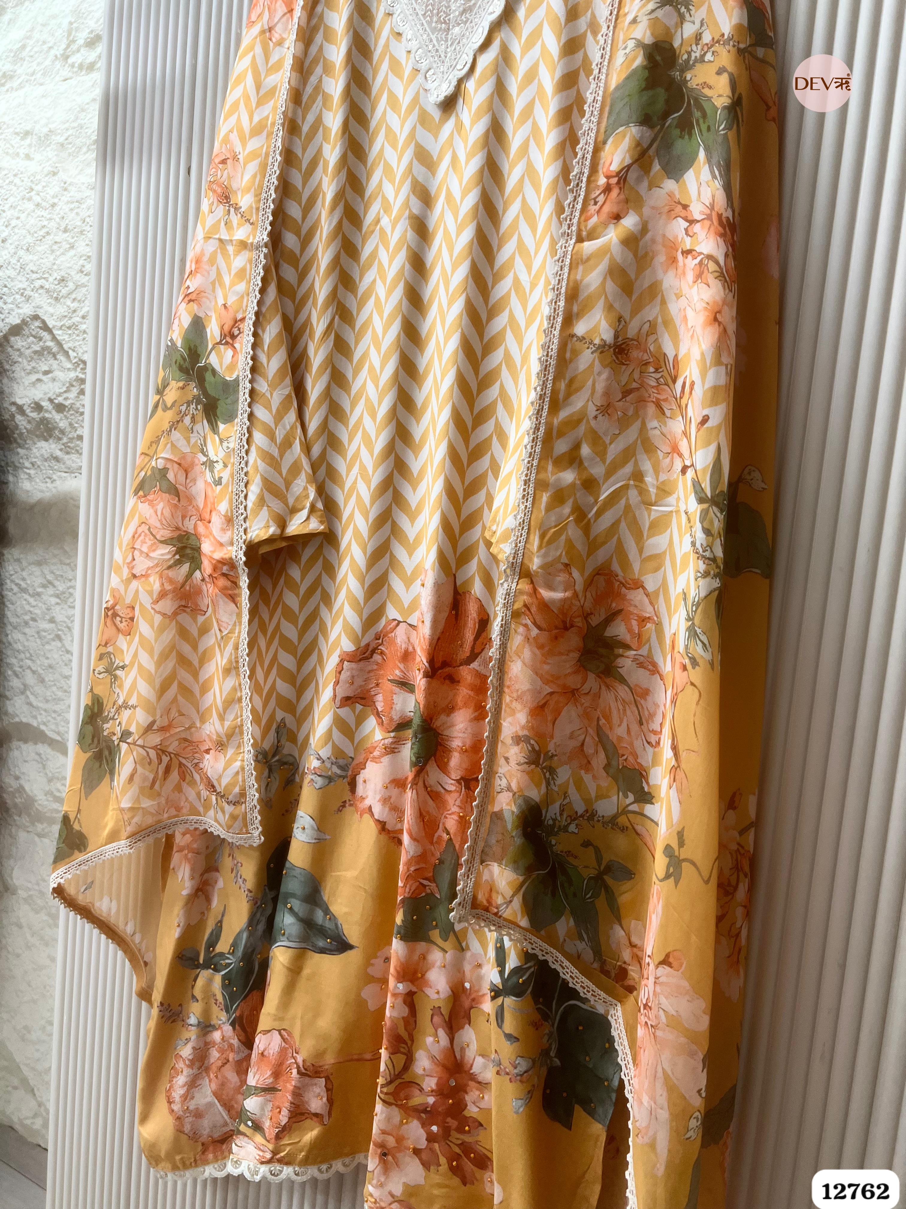 Yellow and Peach Muslin Printed Unstitched 3-Piece Suit (Devri – D.No 12762)