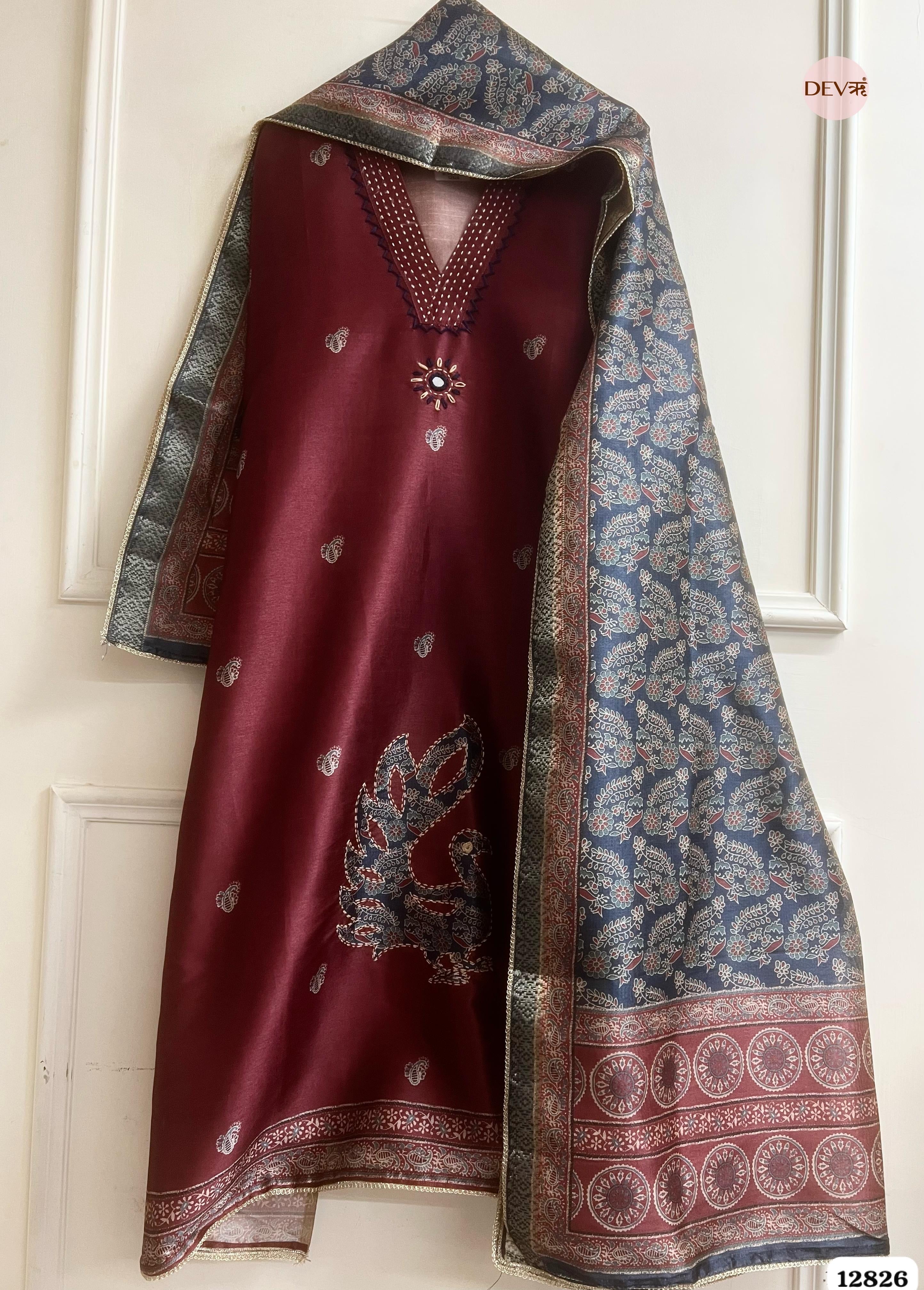 Maroon Chanderi Silk Printed Unstitched 3-Piece Suit (Devri – D.No 12826)