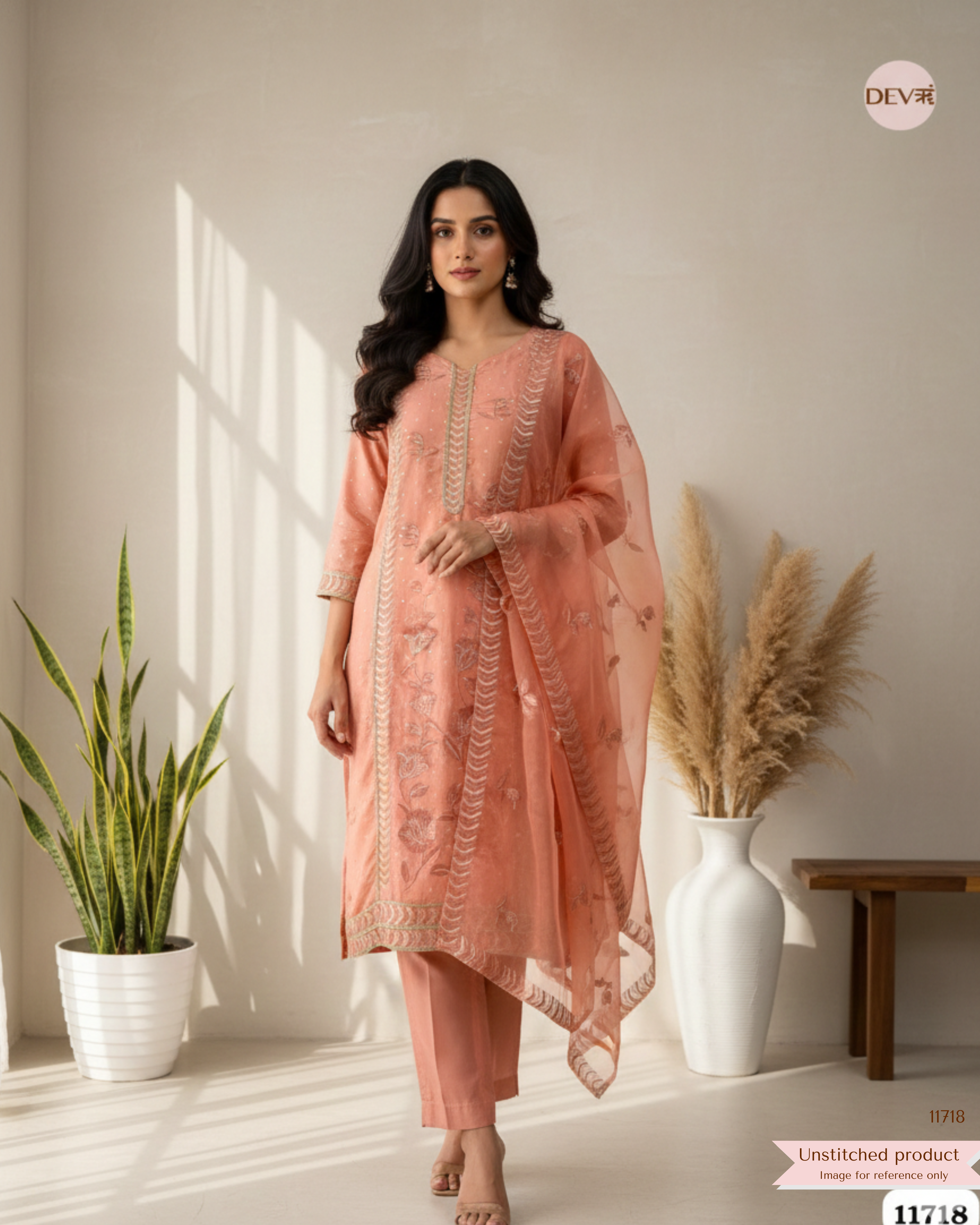 Orange Rust Tissue Shimmer Unstitched Embroidered -Set Of 3 {11718}