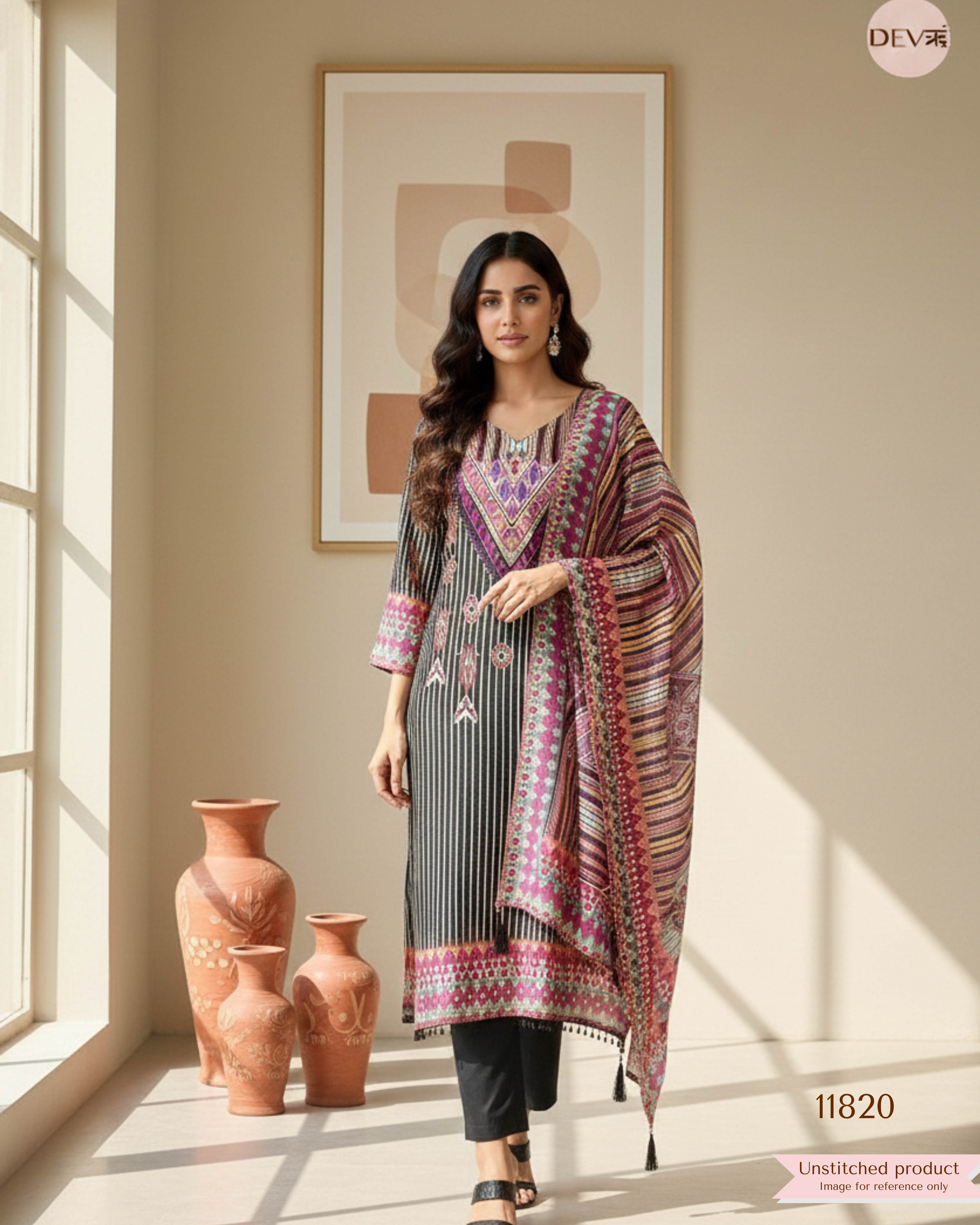 Black Muslin Printed Unstitched 3-Piece Suit (Devri – D.No . 11820)