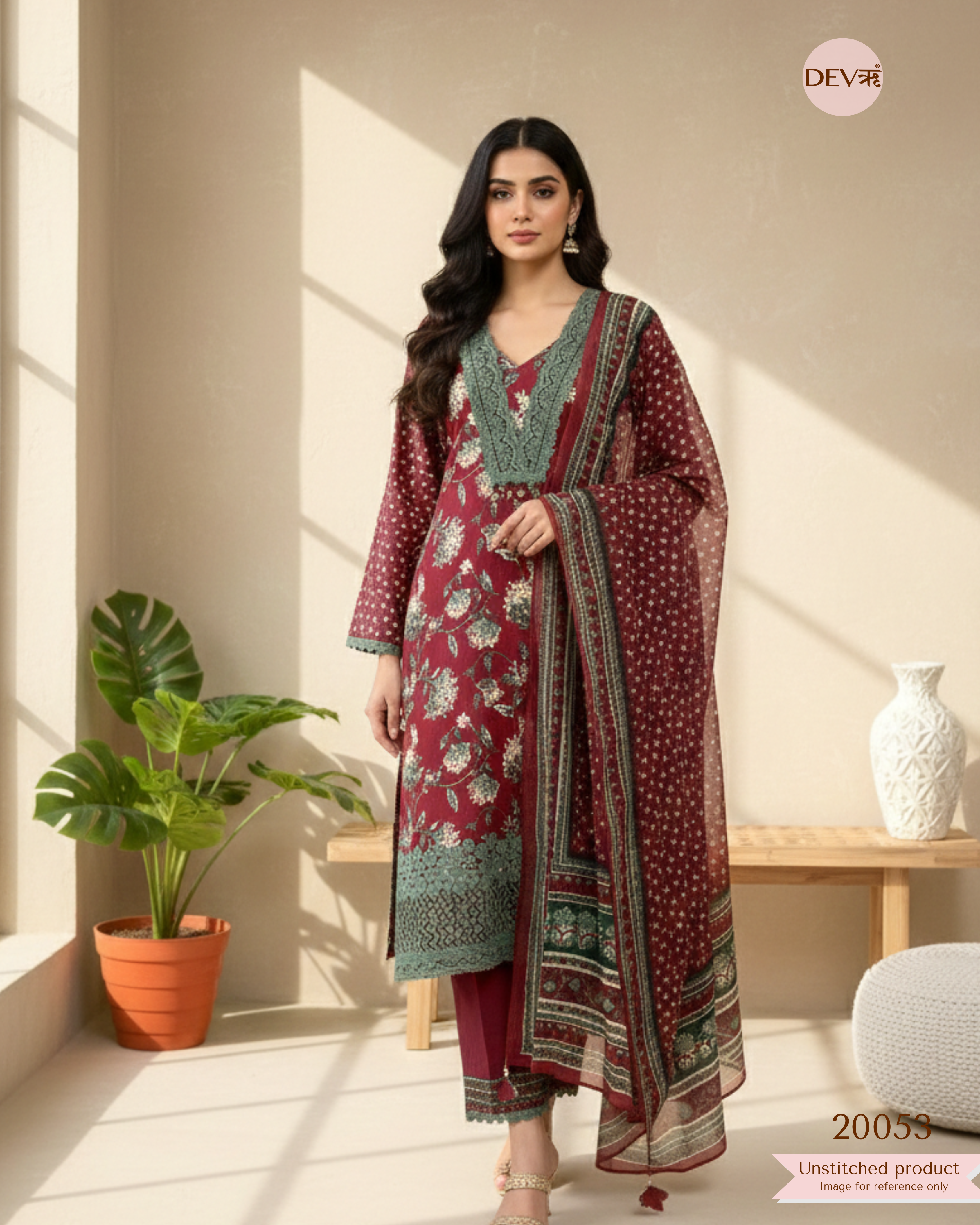Maroon Pure Cotton Printed Unstitched 3-Piece Suit (Devri – D.No. 20053)