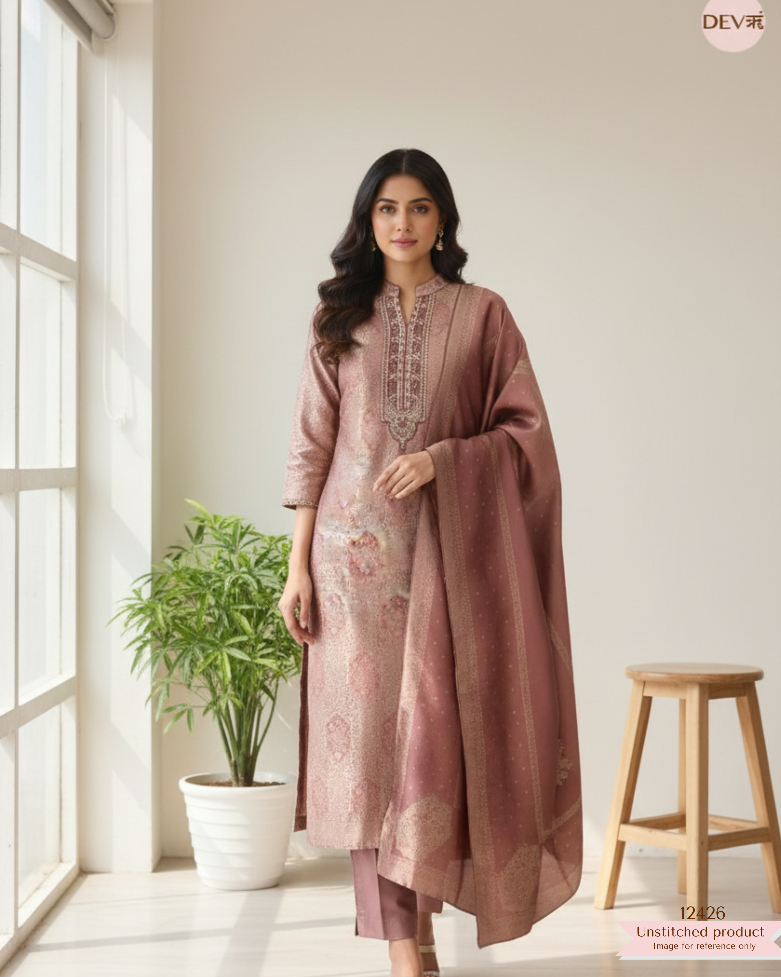 Dusty Rose Banarasi Silk Printed Unstitched 3-Piece Suit (Devri – D.No. 12426)