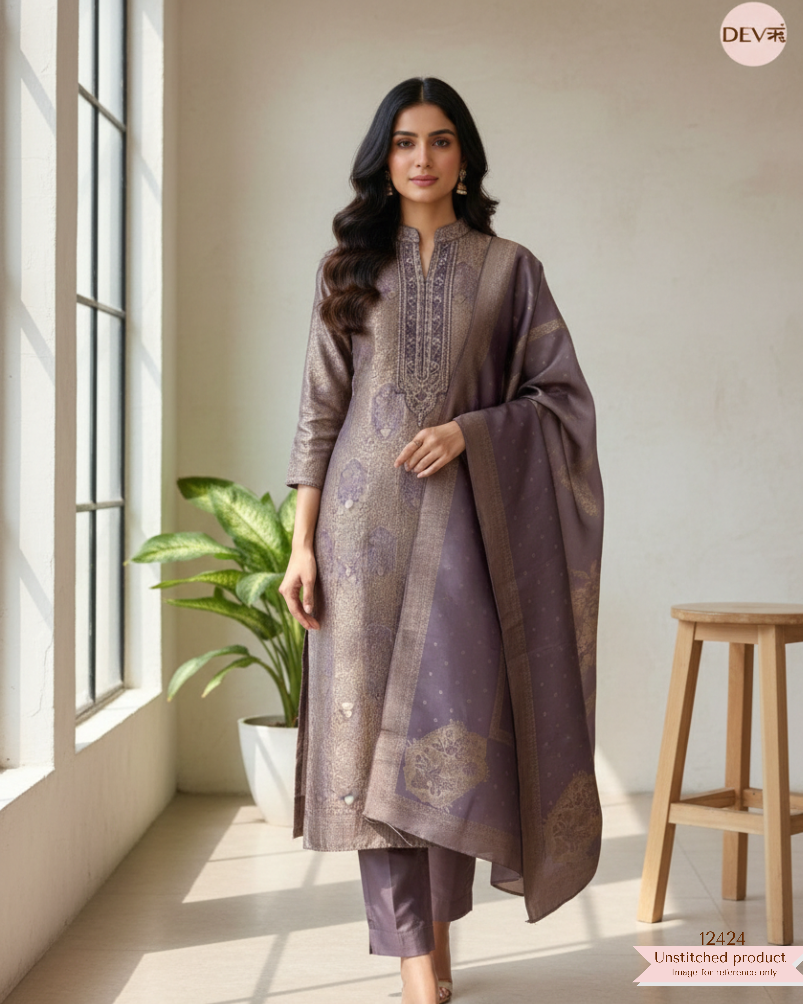 Dusty Mauve Banarasi Silk Printed Unstitched 3-Piece Suit (Devri – D.No. 12424)