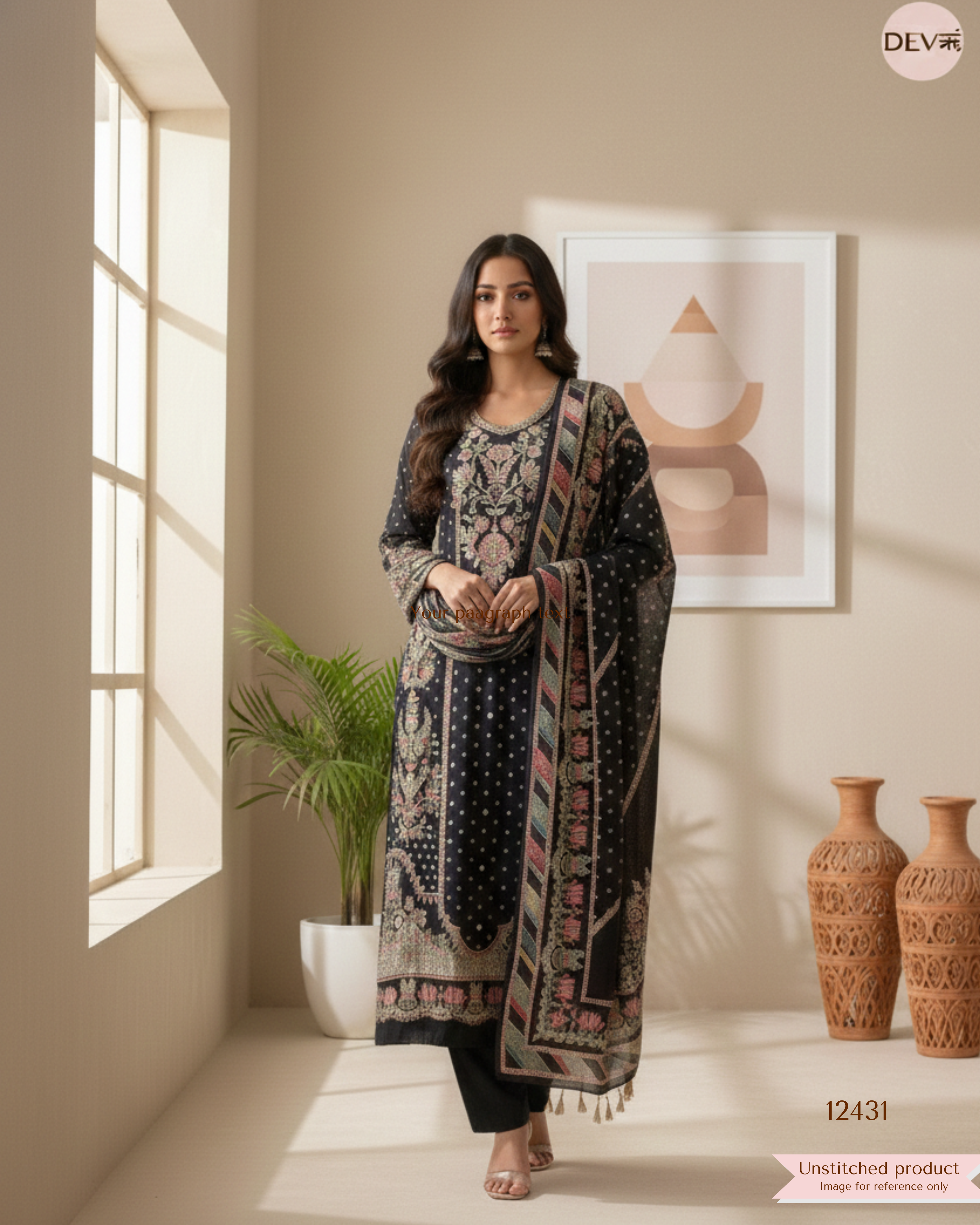 Black Muslin Printed Unstitched 3-Piece Suit (Devri – D.No. 12431)
