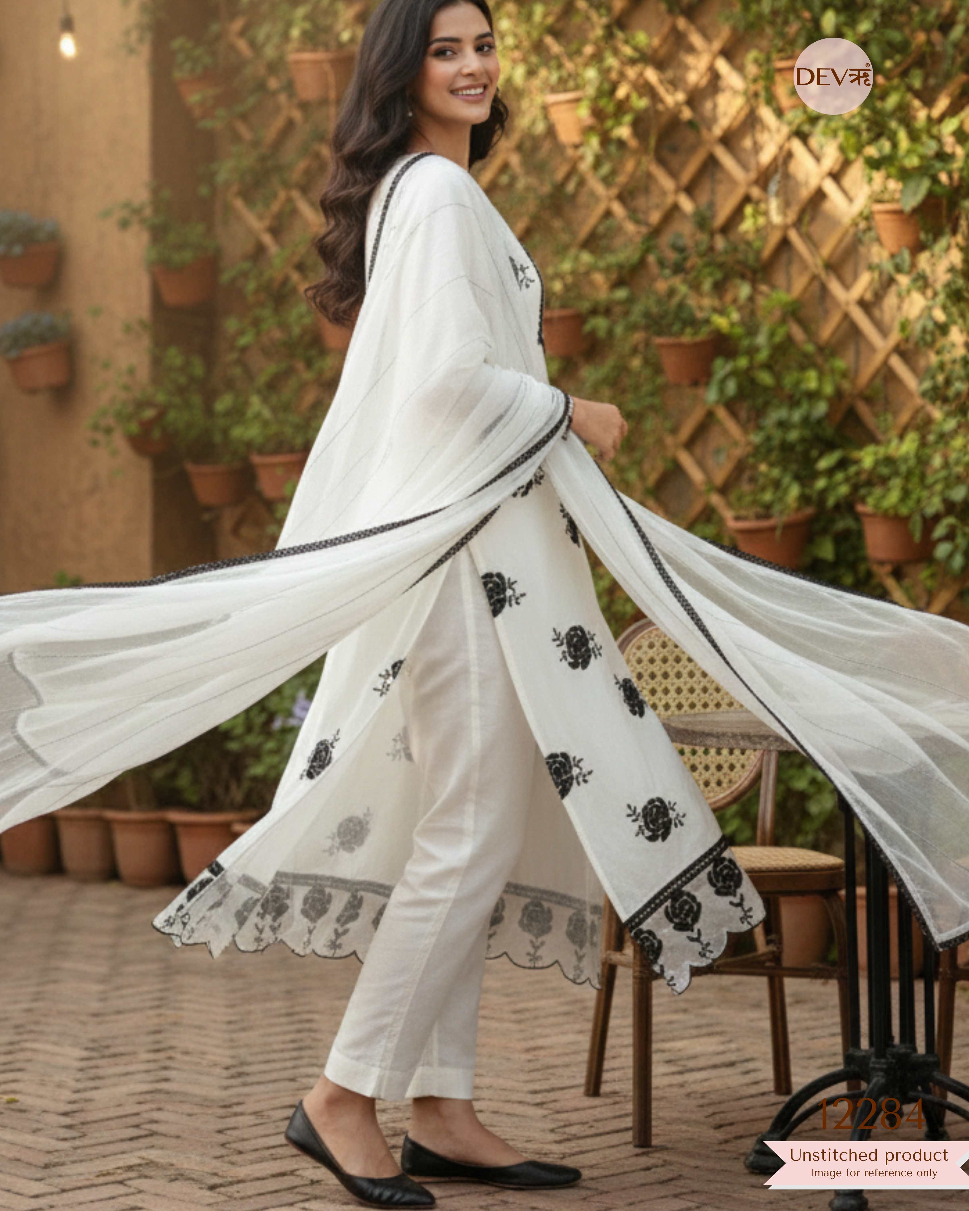 Ivory Muslin Embroidered Unstitched 3-Piece Suit (Devri – D.No 12284)