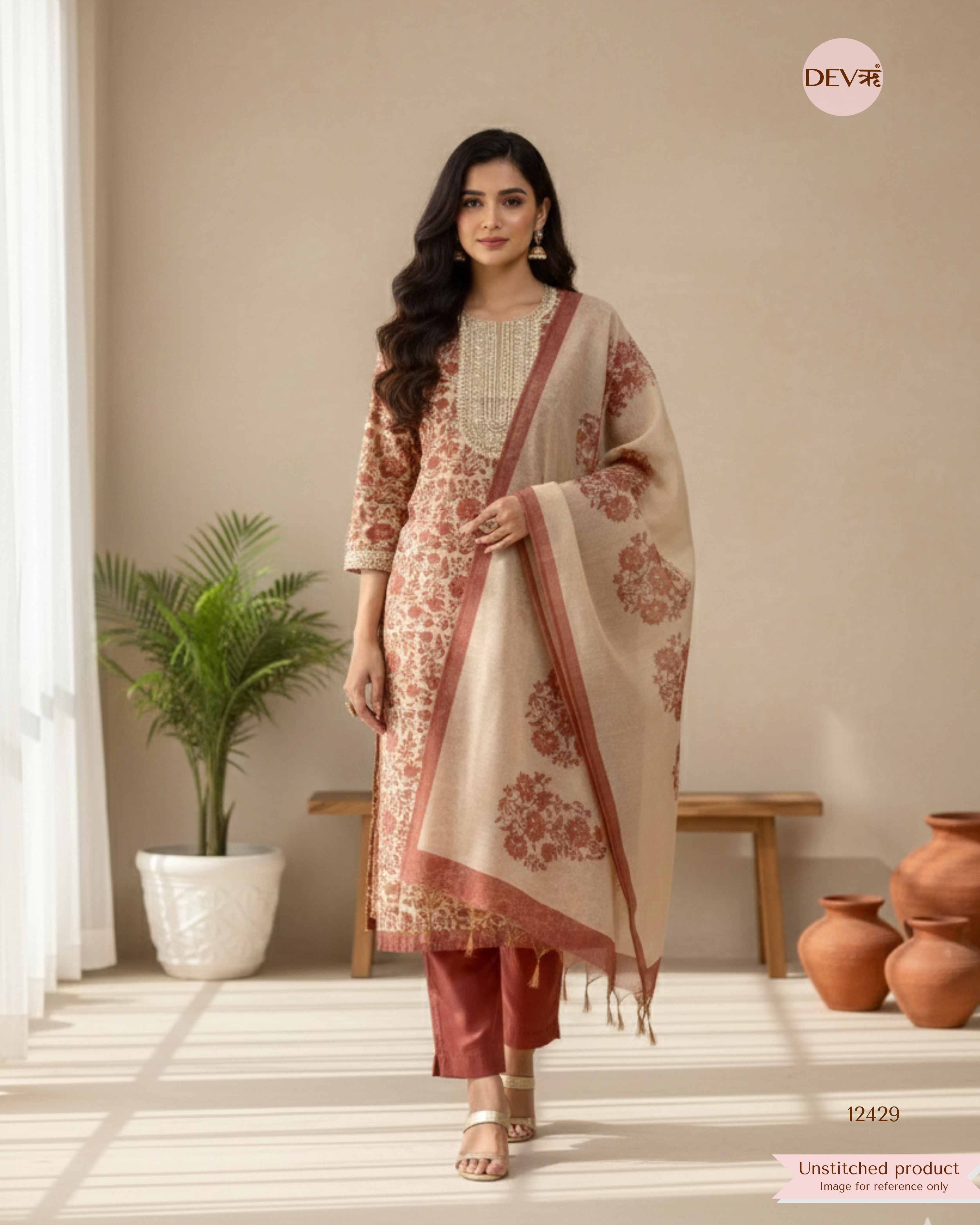 Ivory Rust Pure Linen Tissue Printed Unstitched 3-Piece Suit (Devri – D.No. 12429)