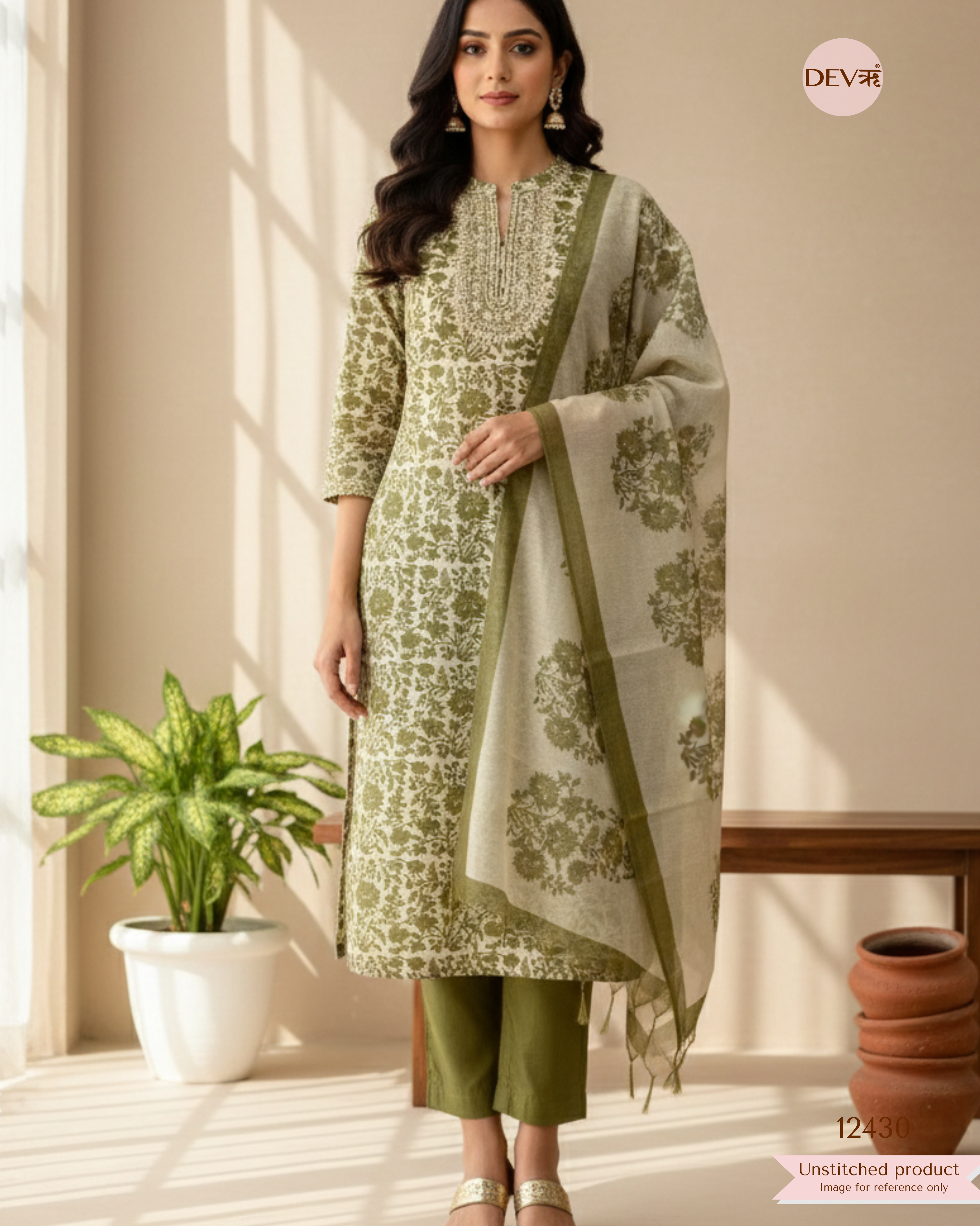 Ivory Olive Pure Linen Tissue Printed Unstitched 3-Piece Suit (Devri – D.No. 12430)