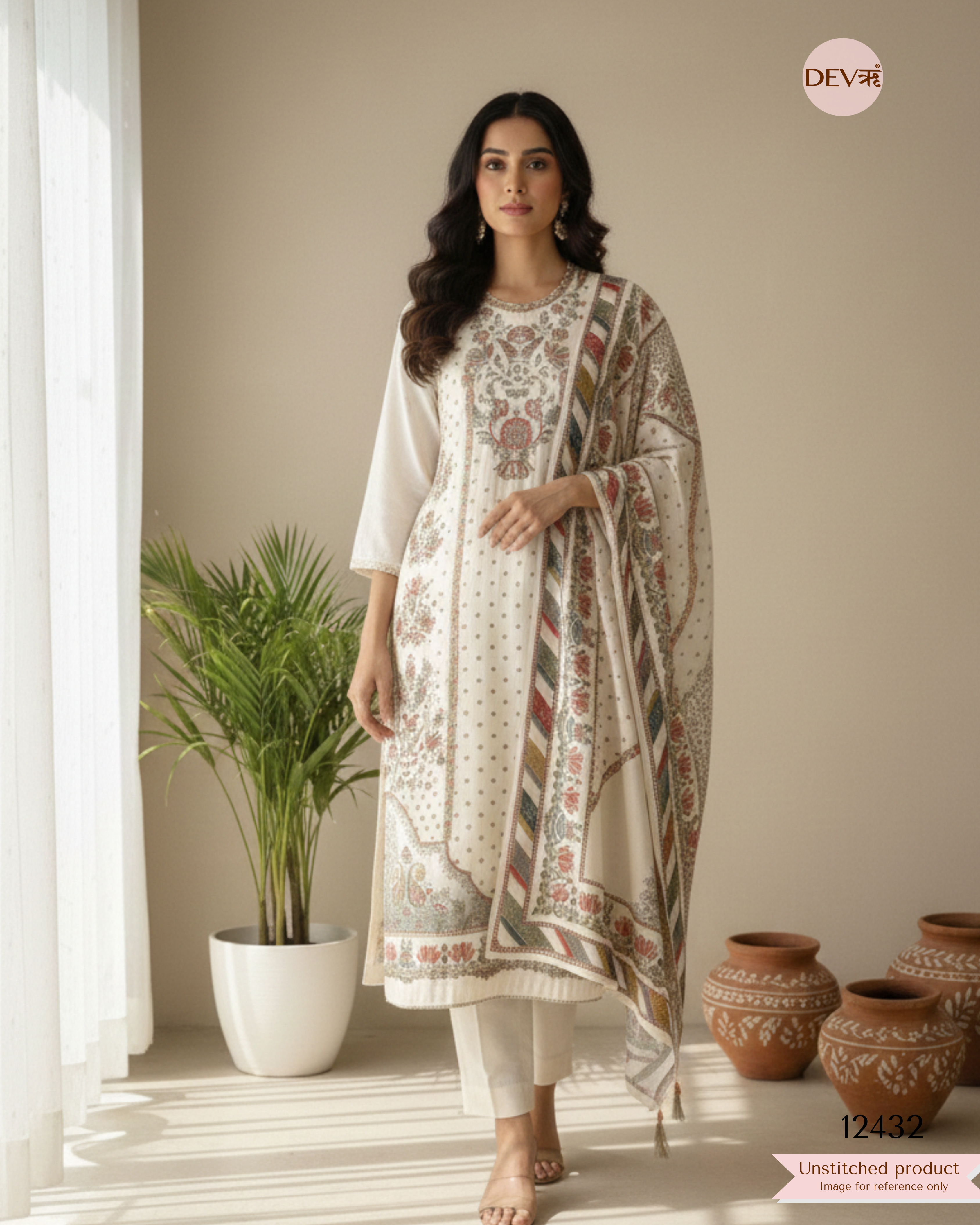 Ivory Muslin Printed Unstitched 3-Piece Suit -(12432)