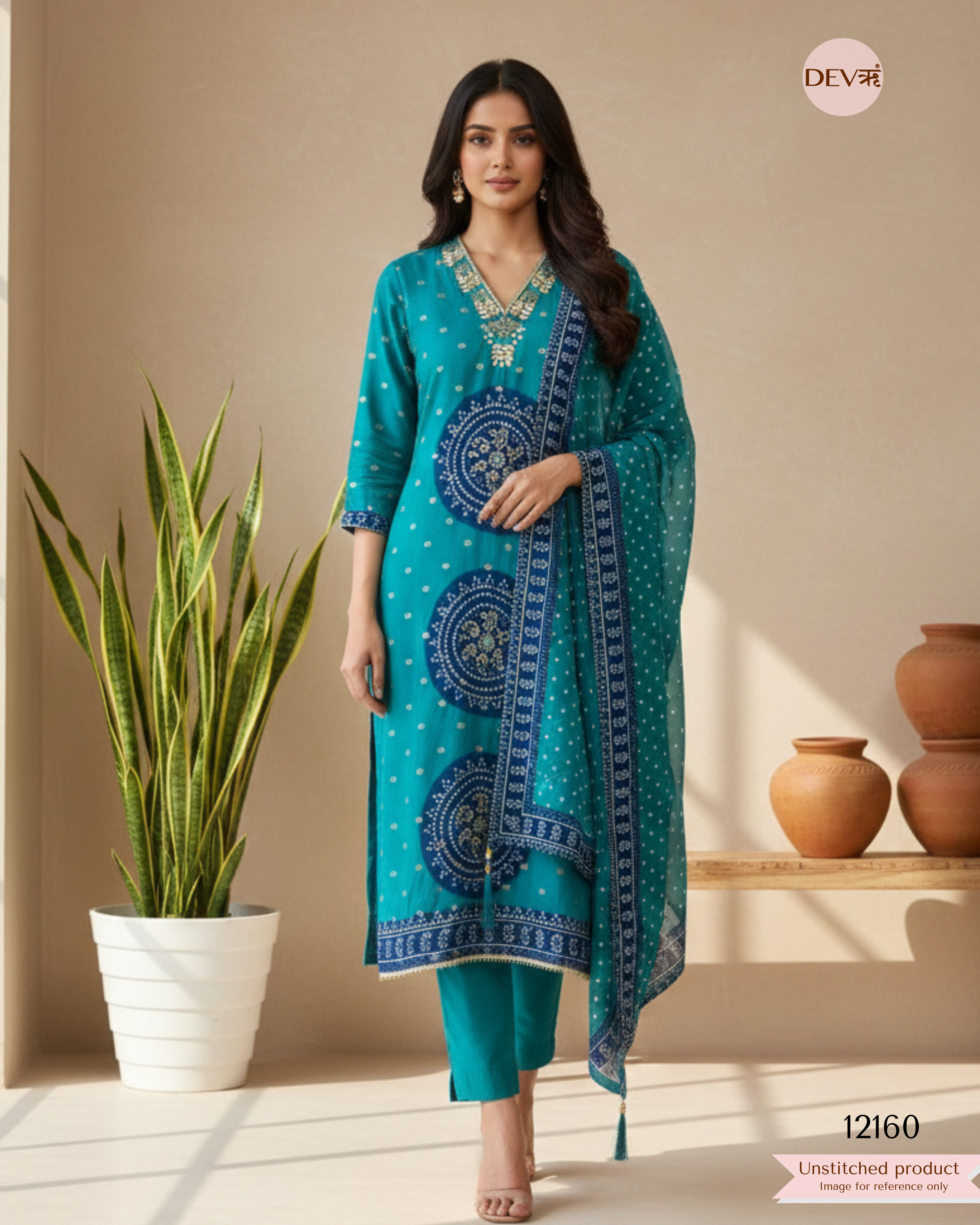 Blue Pure Shimmer Organza Silk Unstitched Banarasi Woven Bandhani Printed Hand Embroidered -Set Of 3 - {12160}