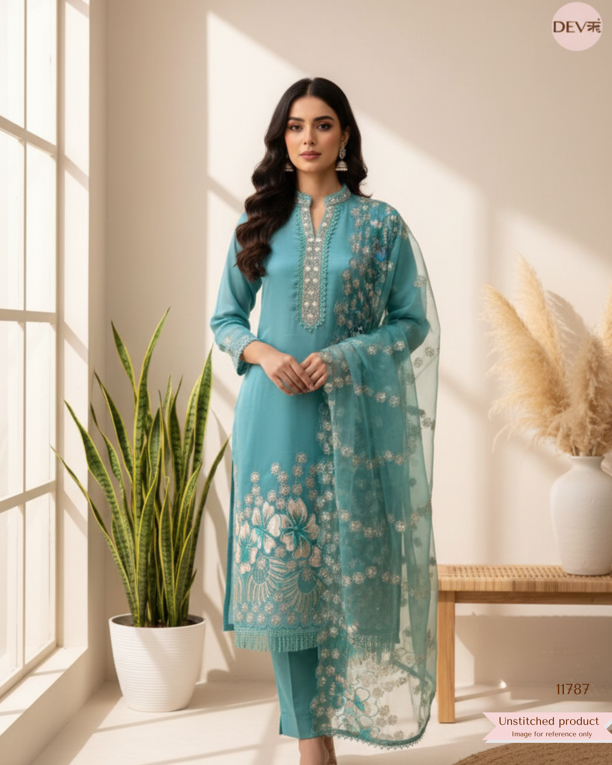 Aqua Tissue Silk Embroidered Unstitched 3-Piece Suit (Devri – D.No 11787)