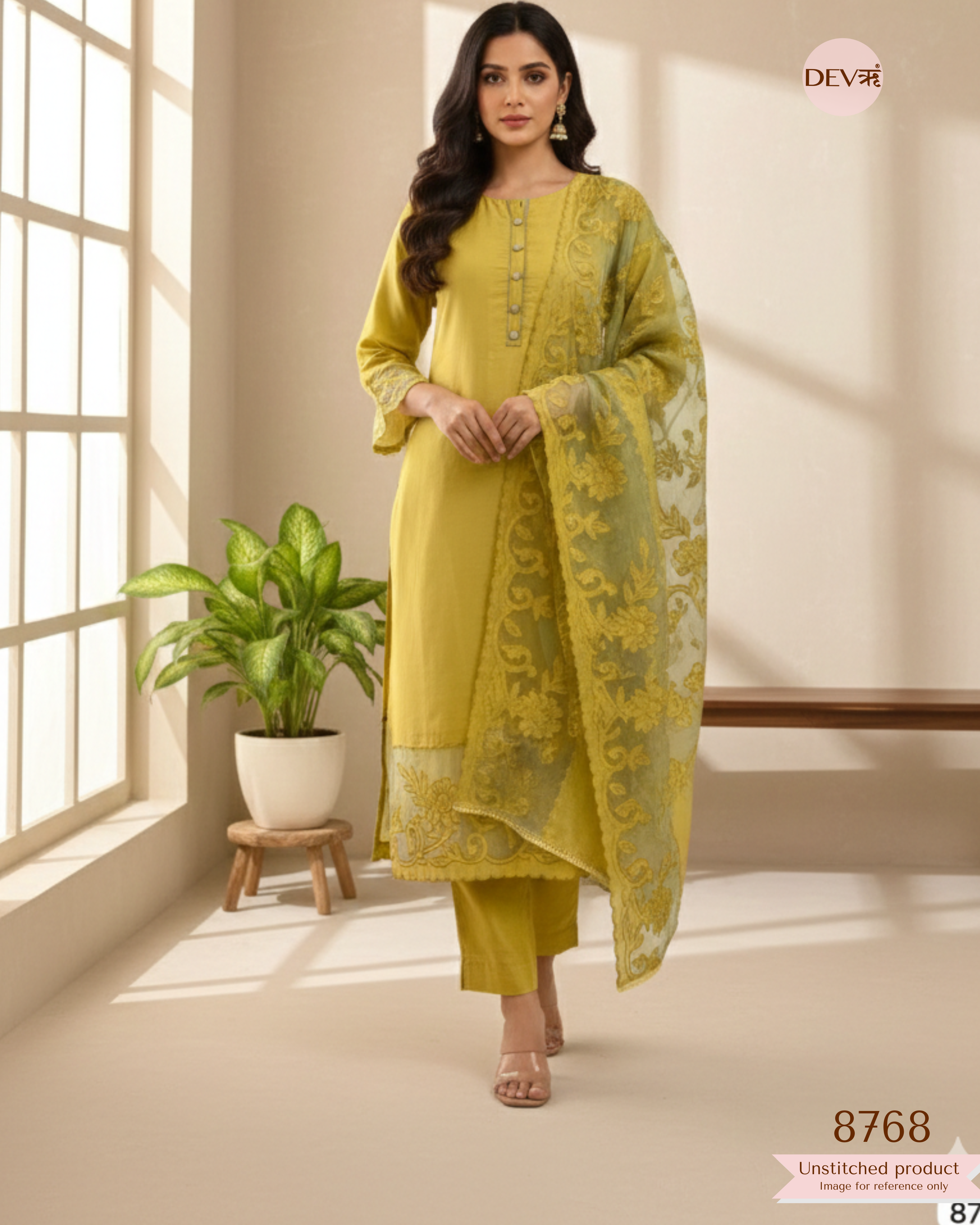 Mustard Yellow Modal Silk Embroidered Unstitched 3-Piece Suit (Devri – D.No 8768)
