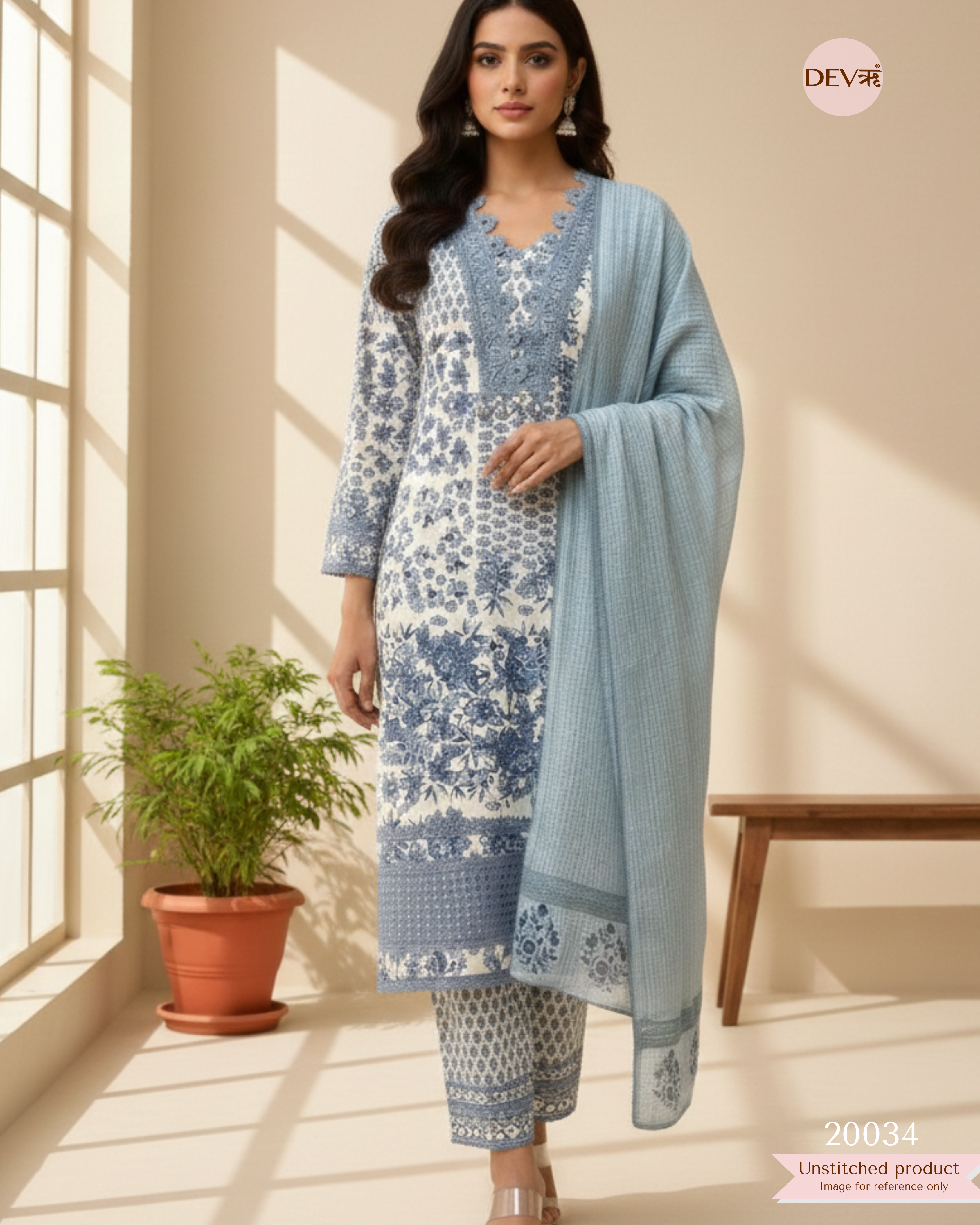Dusty Blue Pure Cotton Printed Unstitched 3-Piece Suit (Devri – D.No 20034)