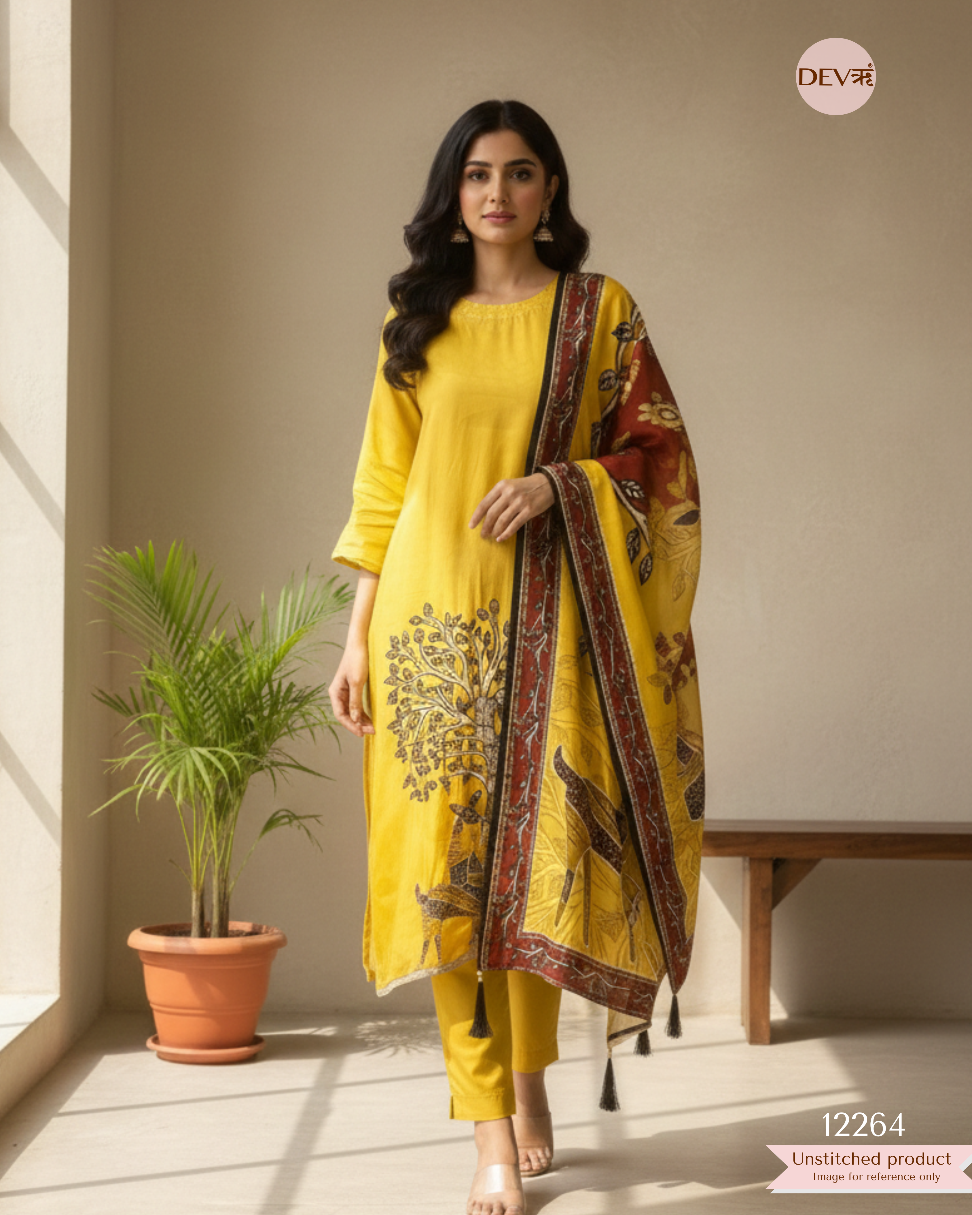Yellow Tissue Glass Printed Unstitched 3-Piece Suit (Devri – D.No 12264)