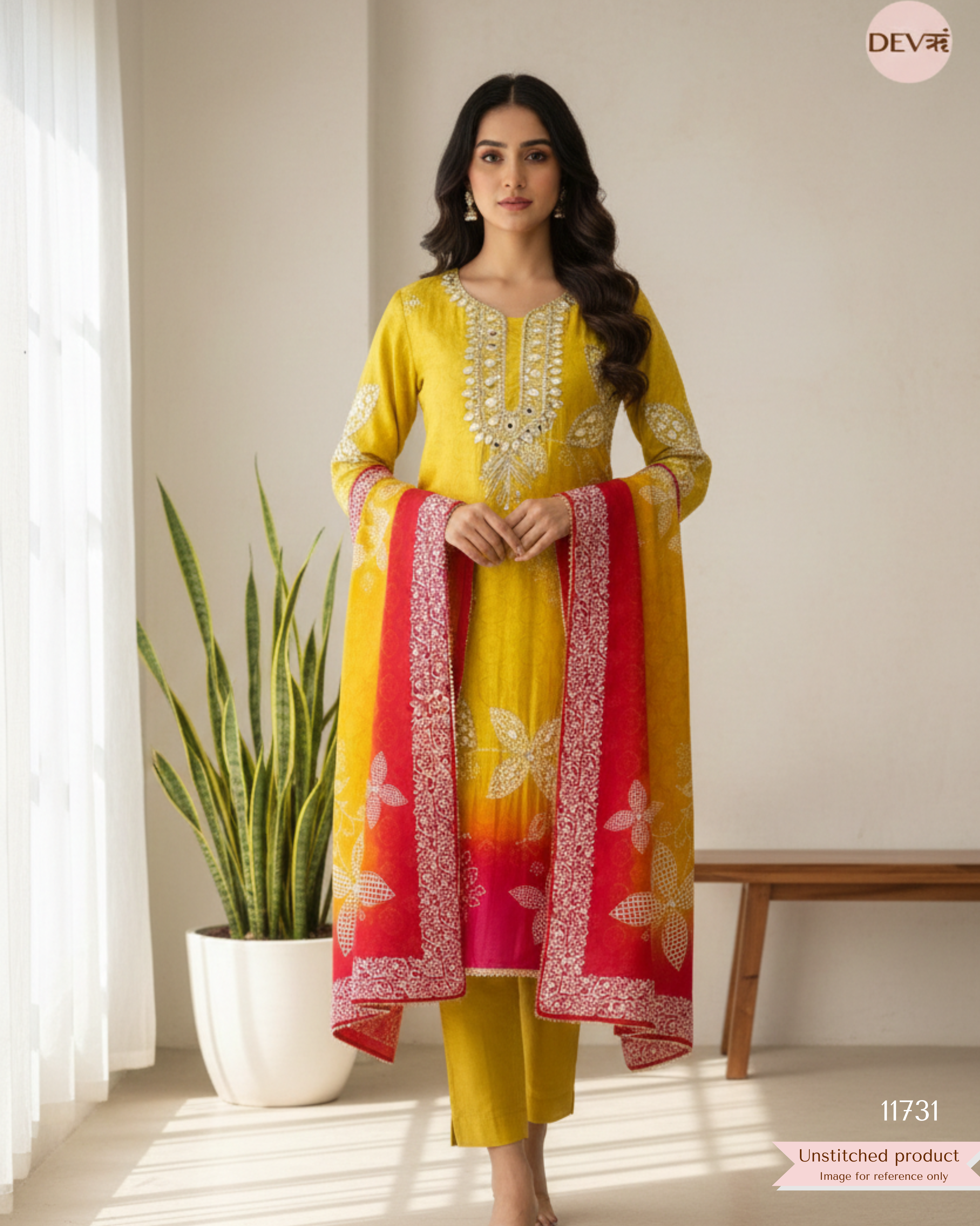 Yellow Russian Silk Semi Stitched Printed Hand Embroidered -Set Of 3- {11731}