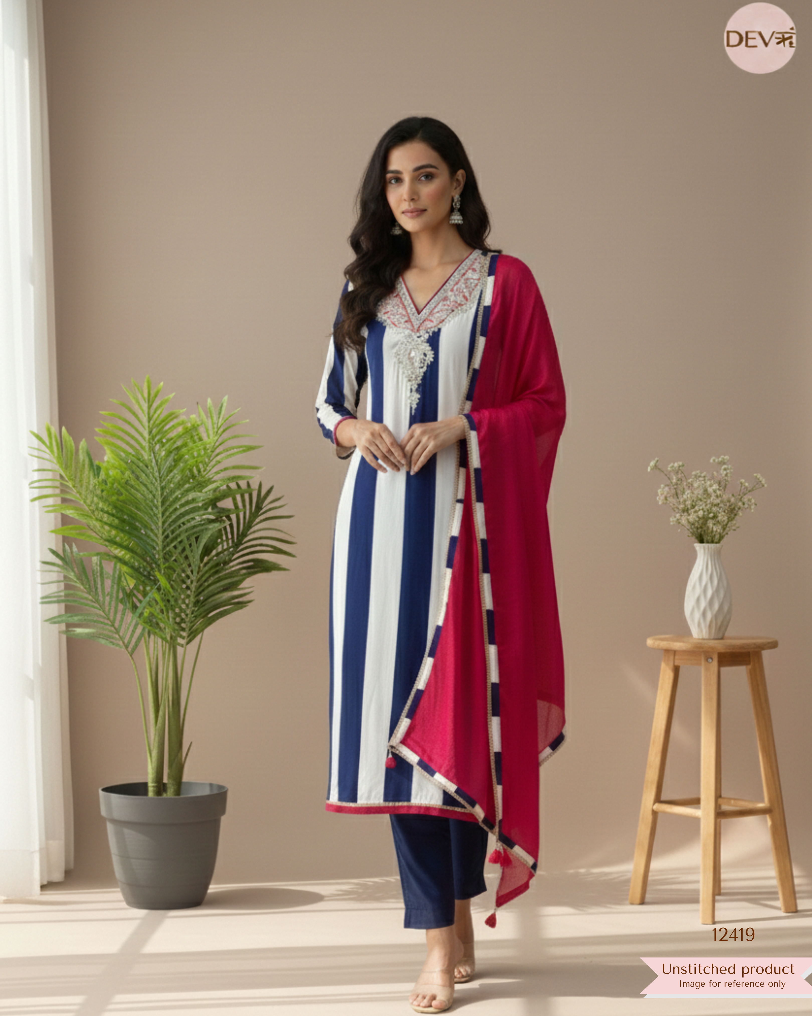 Ivory & Navy Natural Crepe Embroidered Unstitched 3-Piece Suit (Devri – D.No. 12419)
