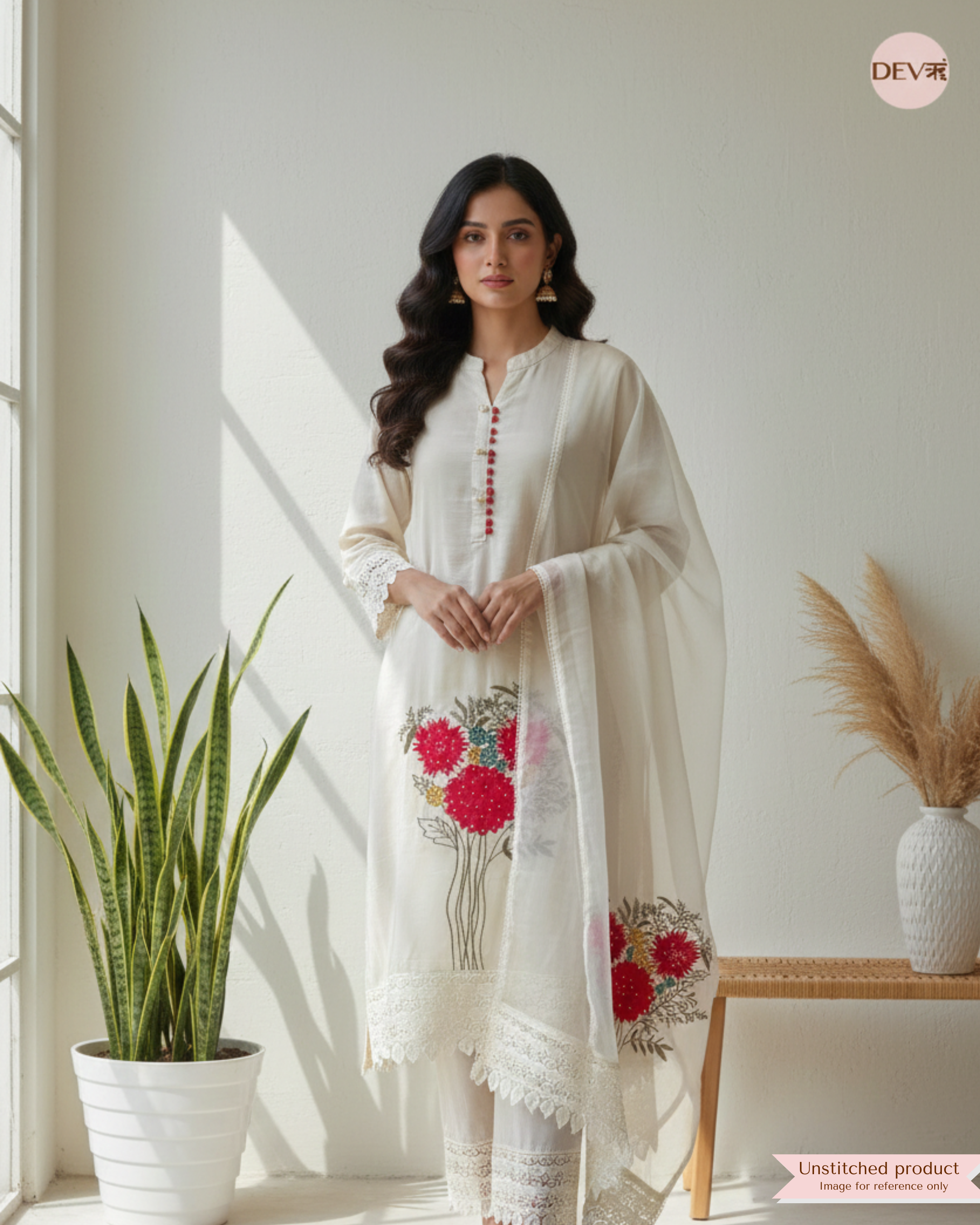 Ivory Glass Organza Embroidered Unstitched 3-Piece Suit (Devri – D.No 12208)