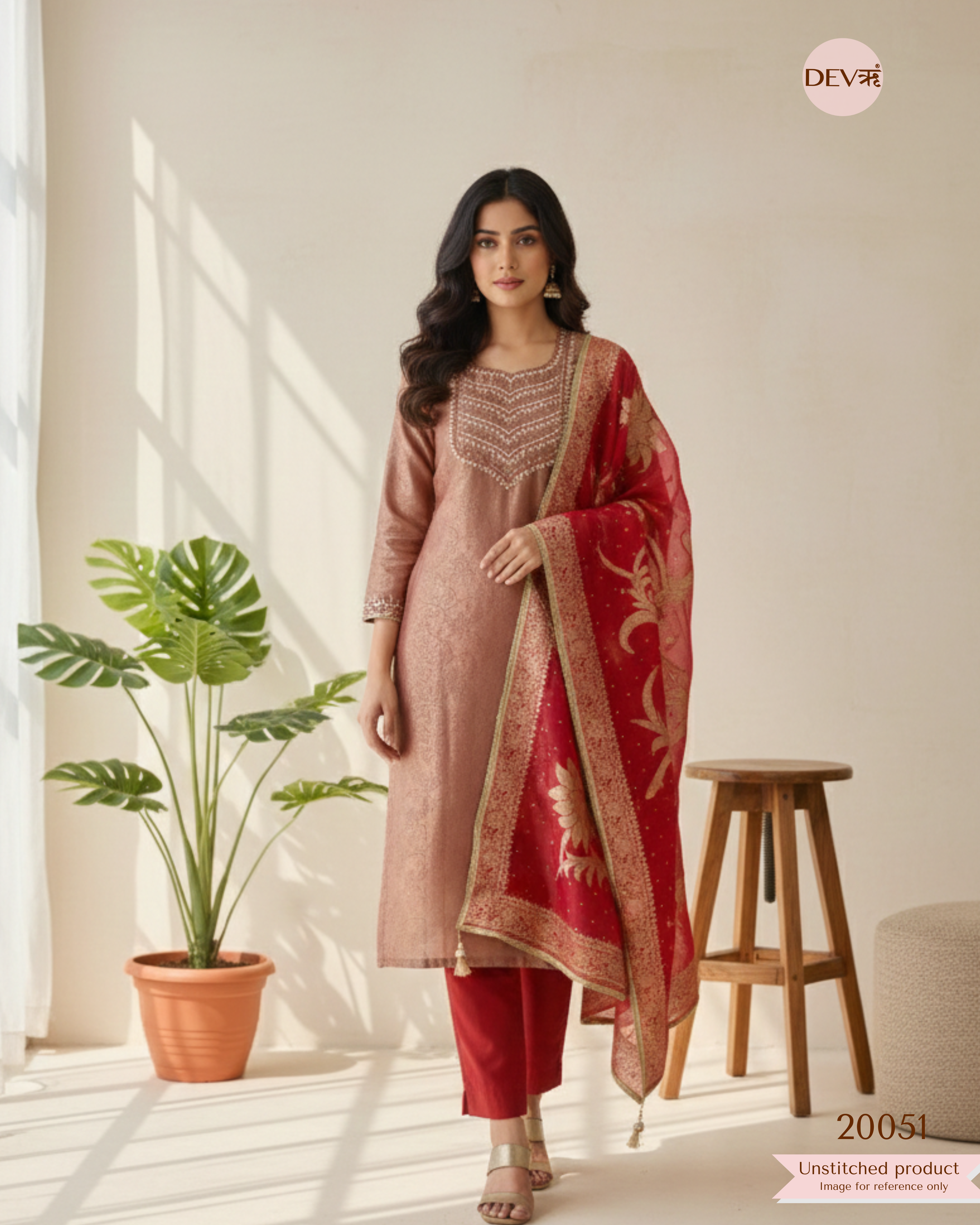 Rosewood Blush Pure Tissue Embroidered Unstitched 3-Piece Suit (Devri – D.No 20049)