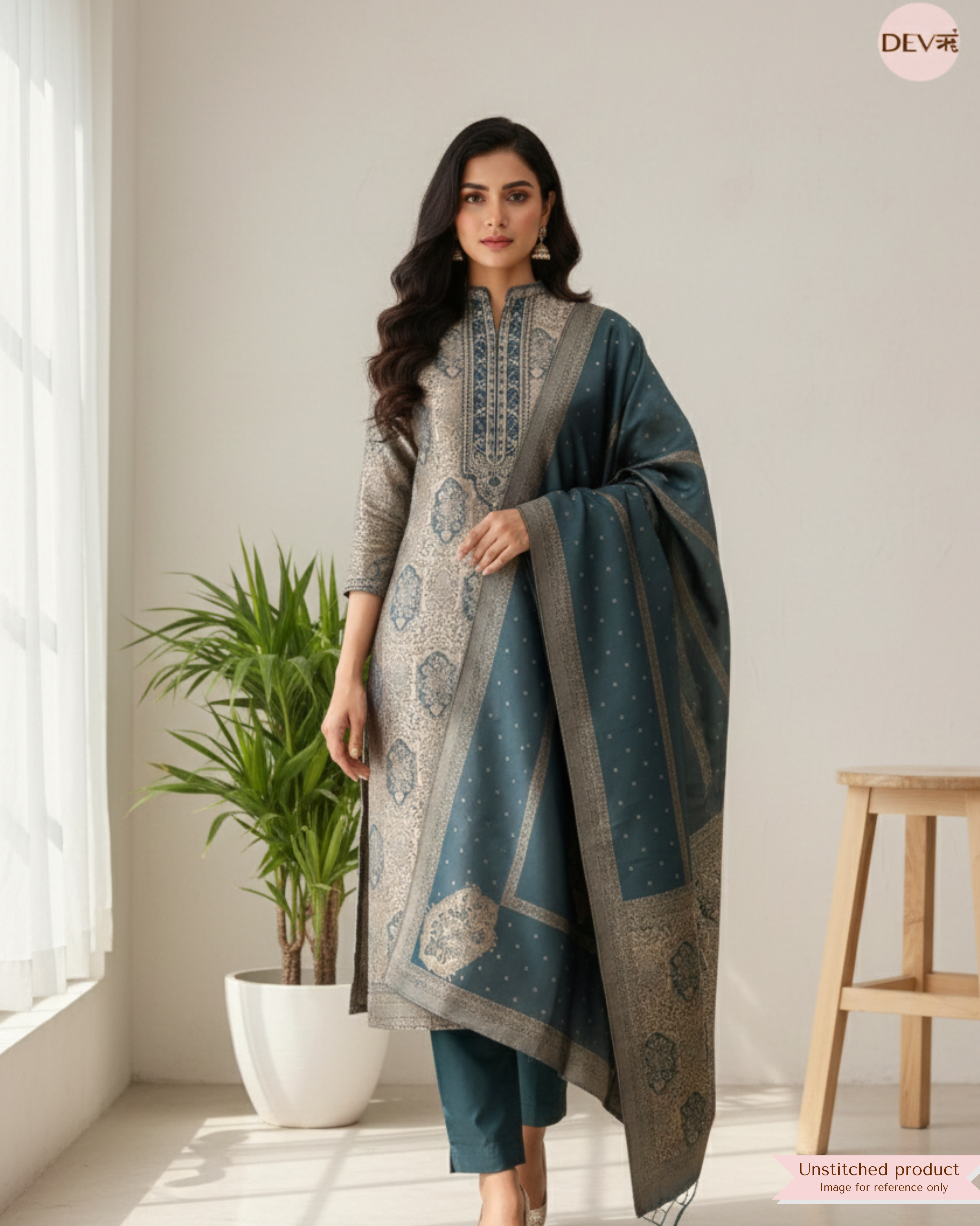 Slate Grey Banarasi Silk Printed Unstitched 3-Piece Suit (Devri – D.No. 12427)