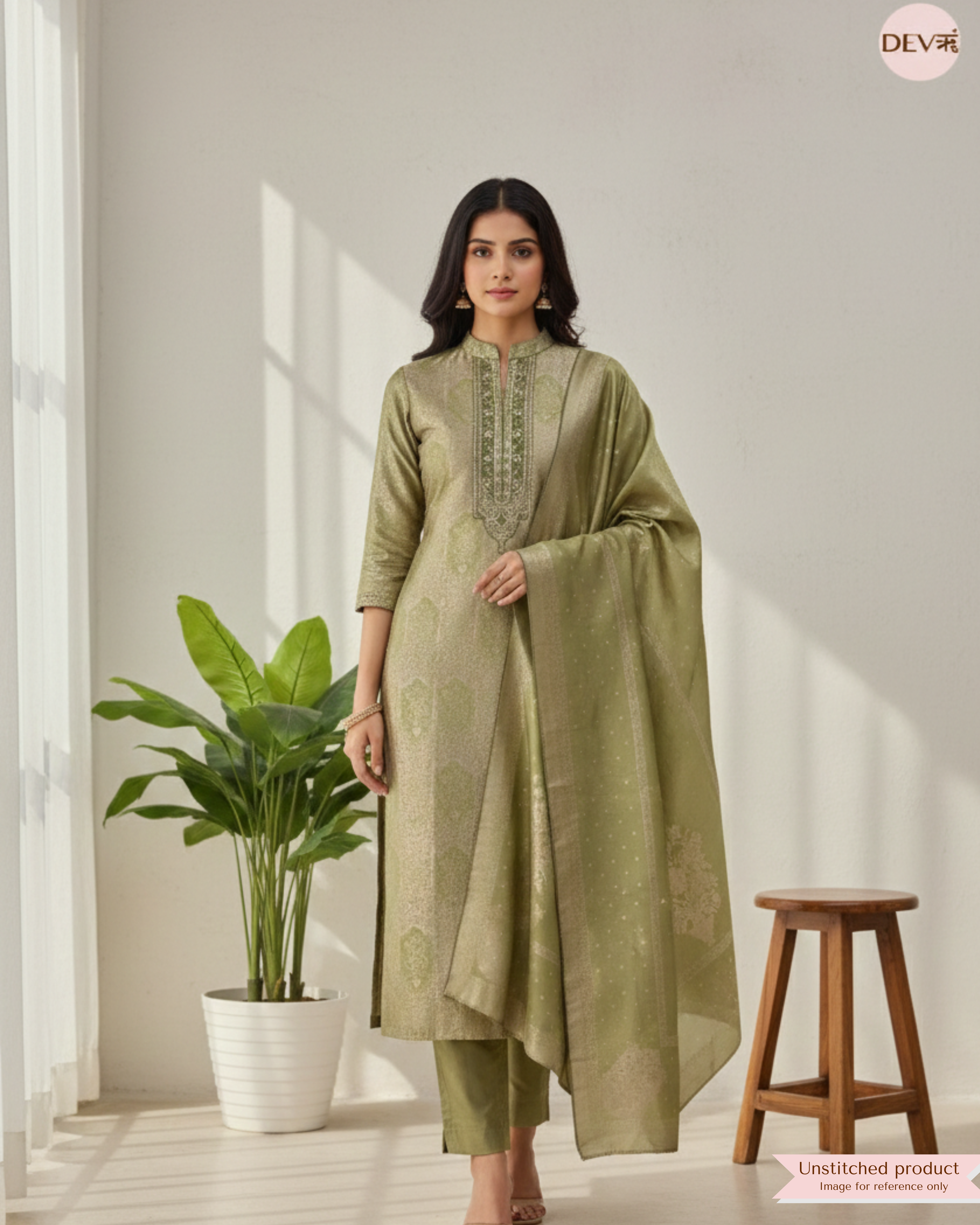 Soft Olive Banarasi Silk Printed Unstitched 3-Piece Suit (Devri – D.No. 12425)