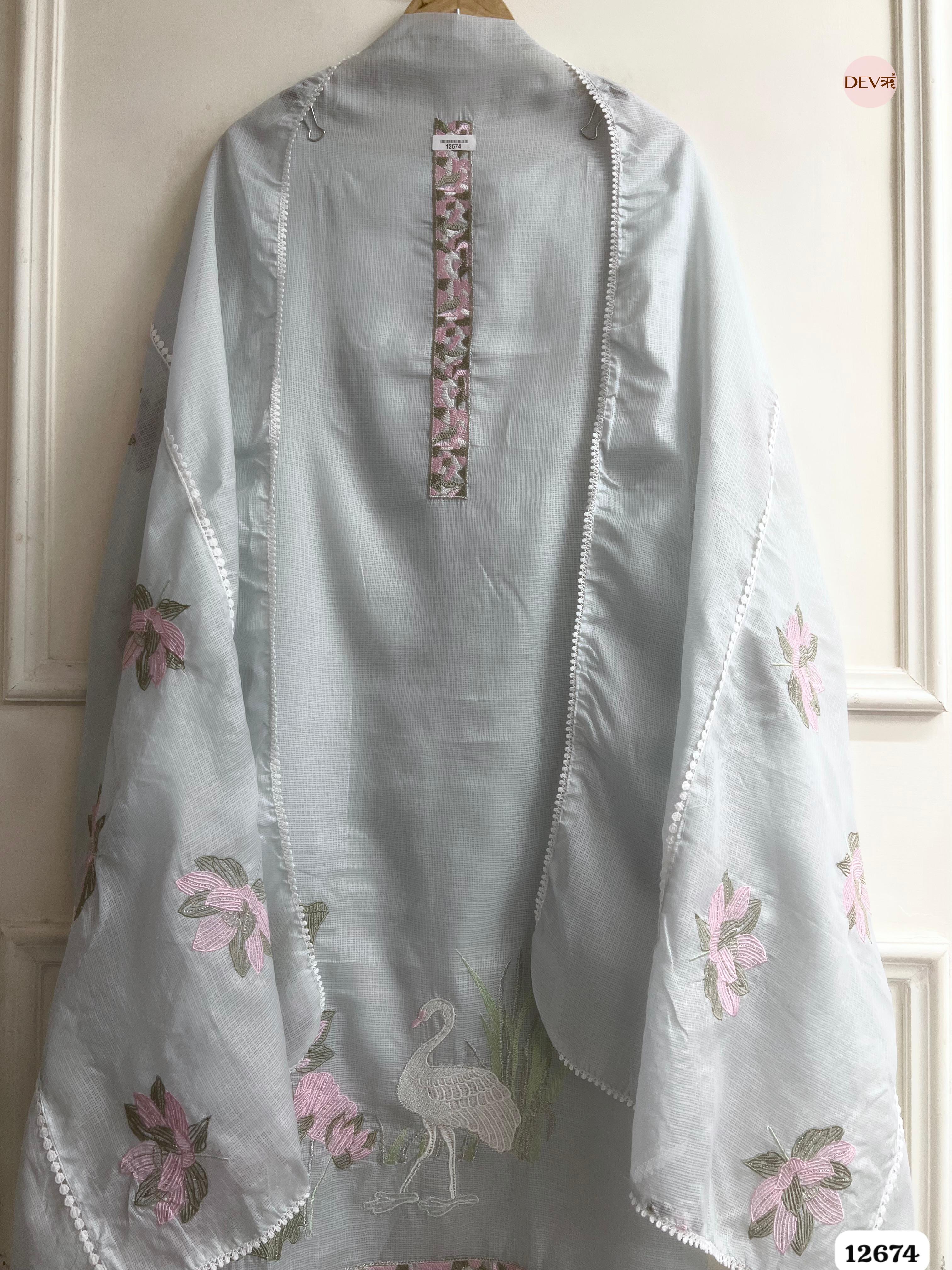 Sky Blue Kota Embroidered Unstitched 3-Piece Suit (Devri – D.No 12674)
