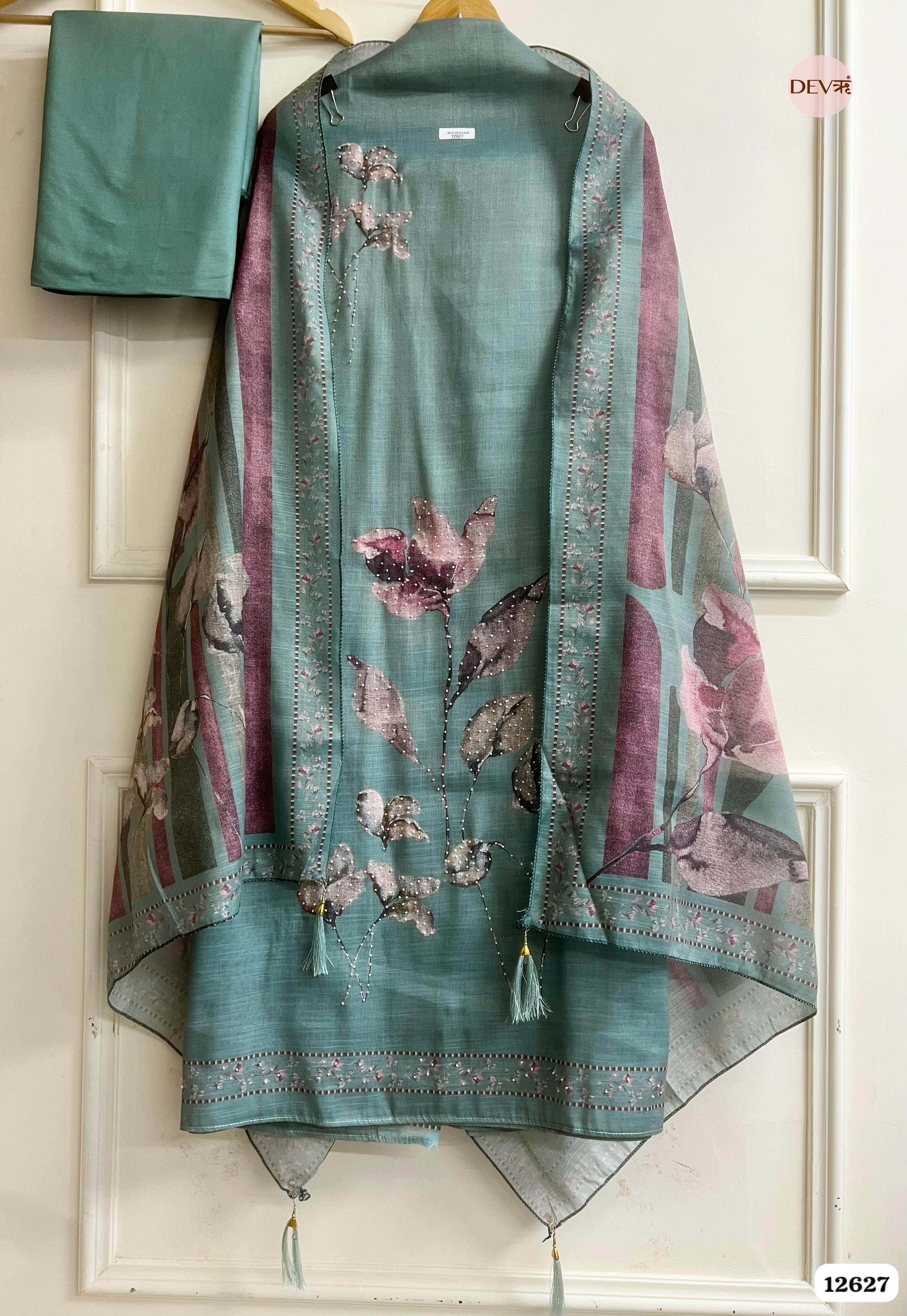 Teal Green Linen Printed Unstitched 3-Piece Suit (Devri – D.No 12627)