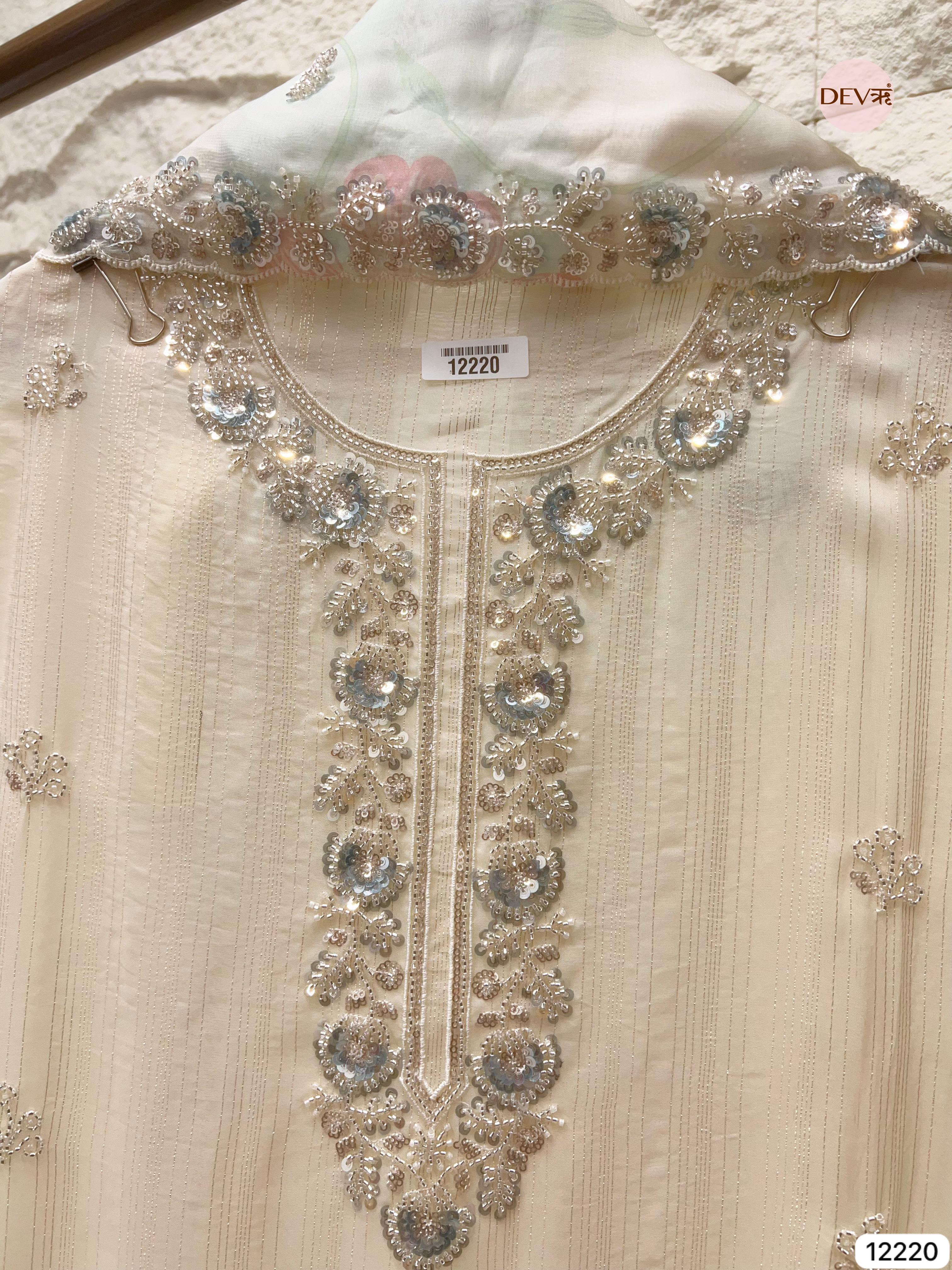 Ivory Pure Organza Hand-Embroidered Unstitched 3-Piece Suit (Devri – D.No 12220)