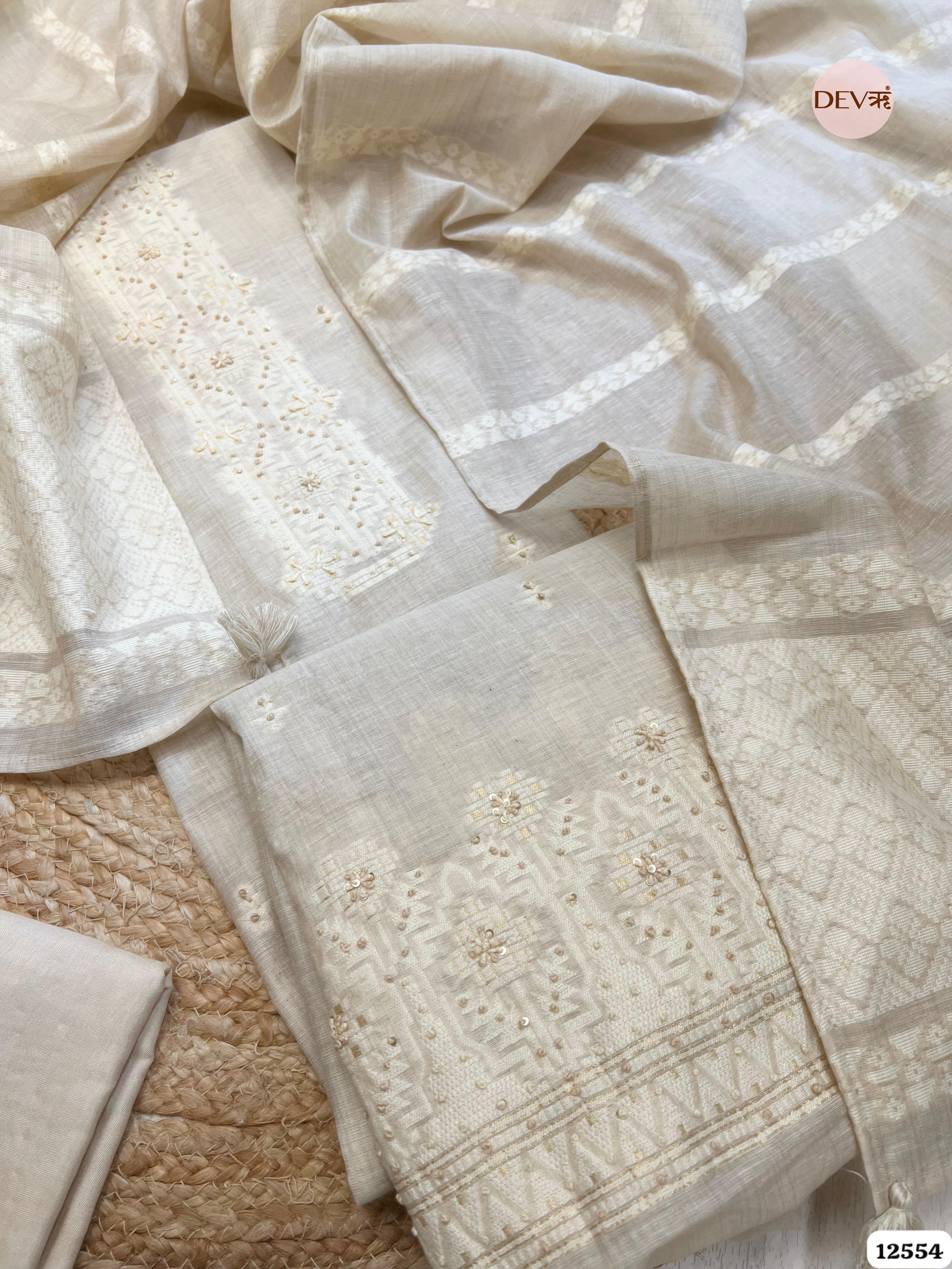 Ivory Mul Chanderi Embroidered Unstitched 3-Piece Suit (Devri – D.No 12554)