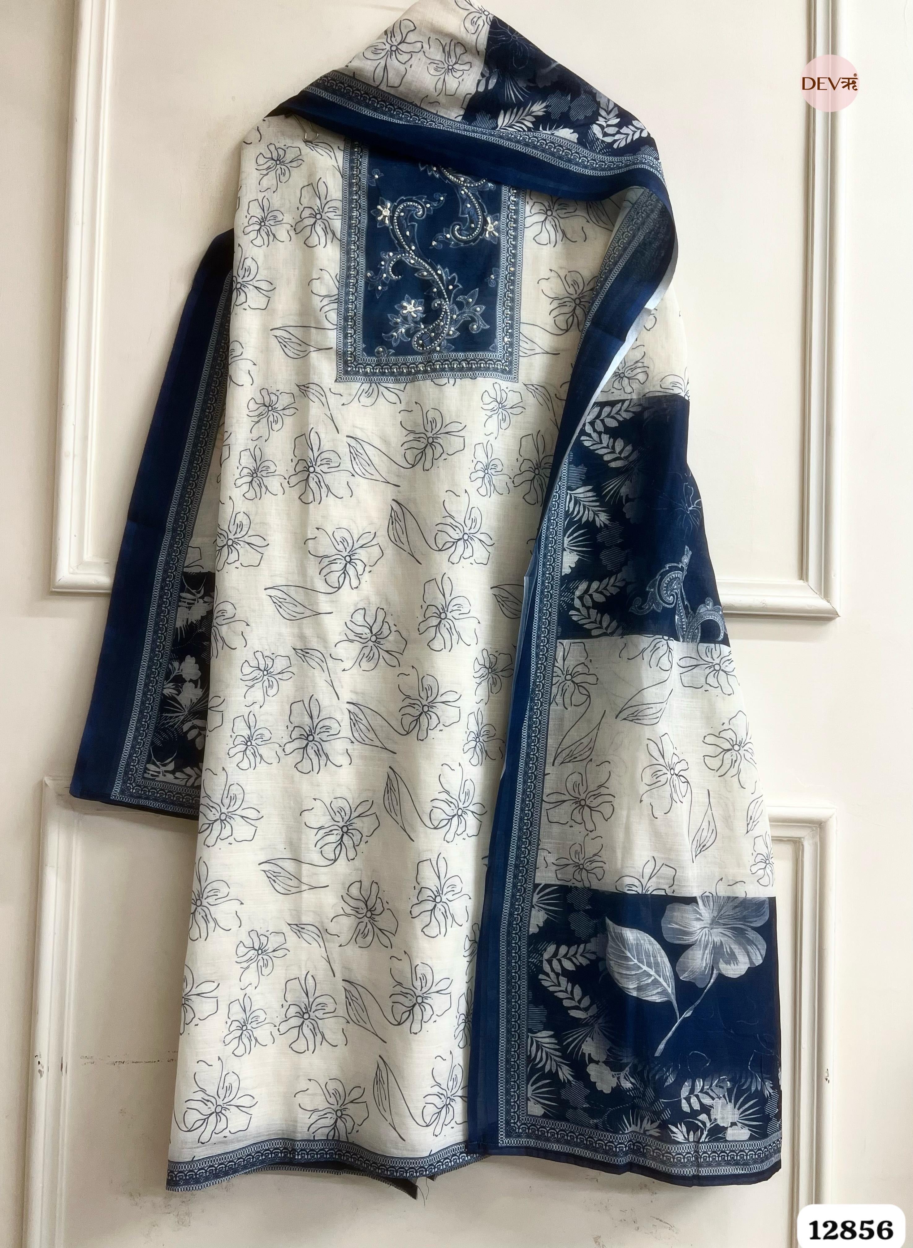 Cream Linen Cotton Printed Unstitched 3-Piece Suit (Devri – D.No 12856)