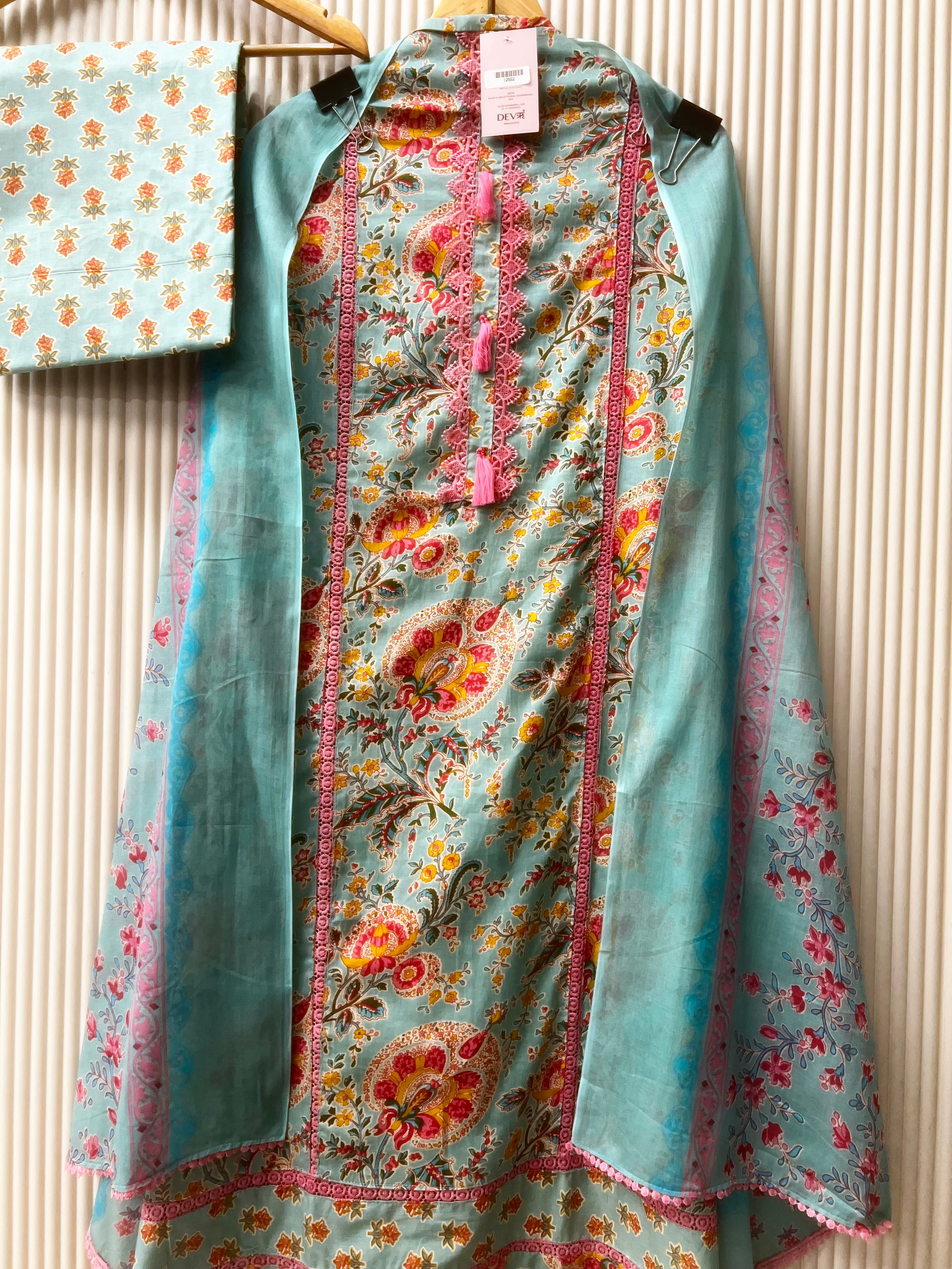 Aqua Blue Pure Cotton Floral Printed Unstitched 3-Piece Suit (Devri – D.No 12552)