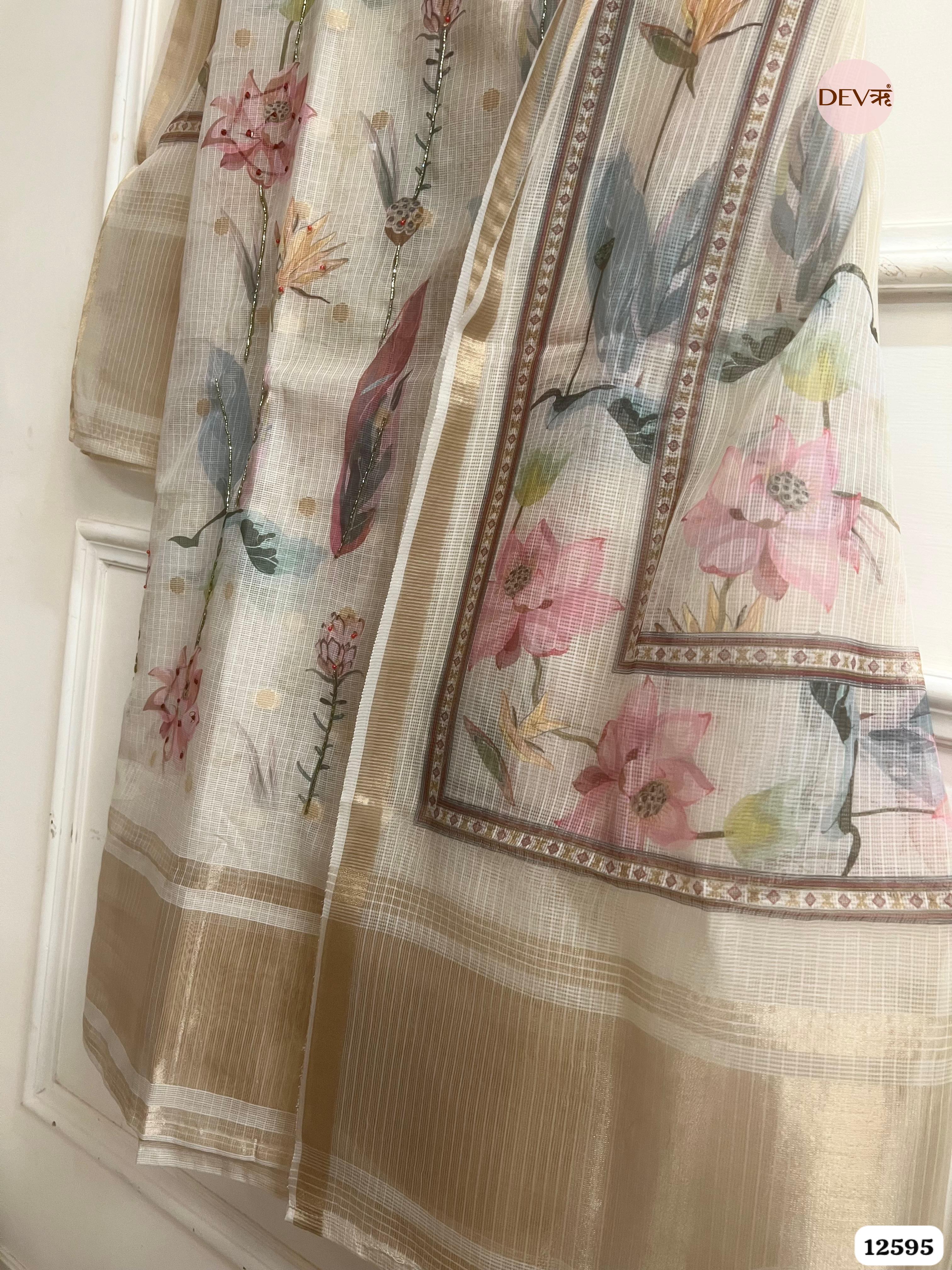 Beige kota Cotton Floral Unstitched 3-Piece Suit (Devri – D.No 12595)