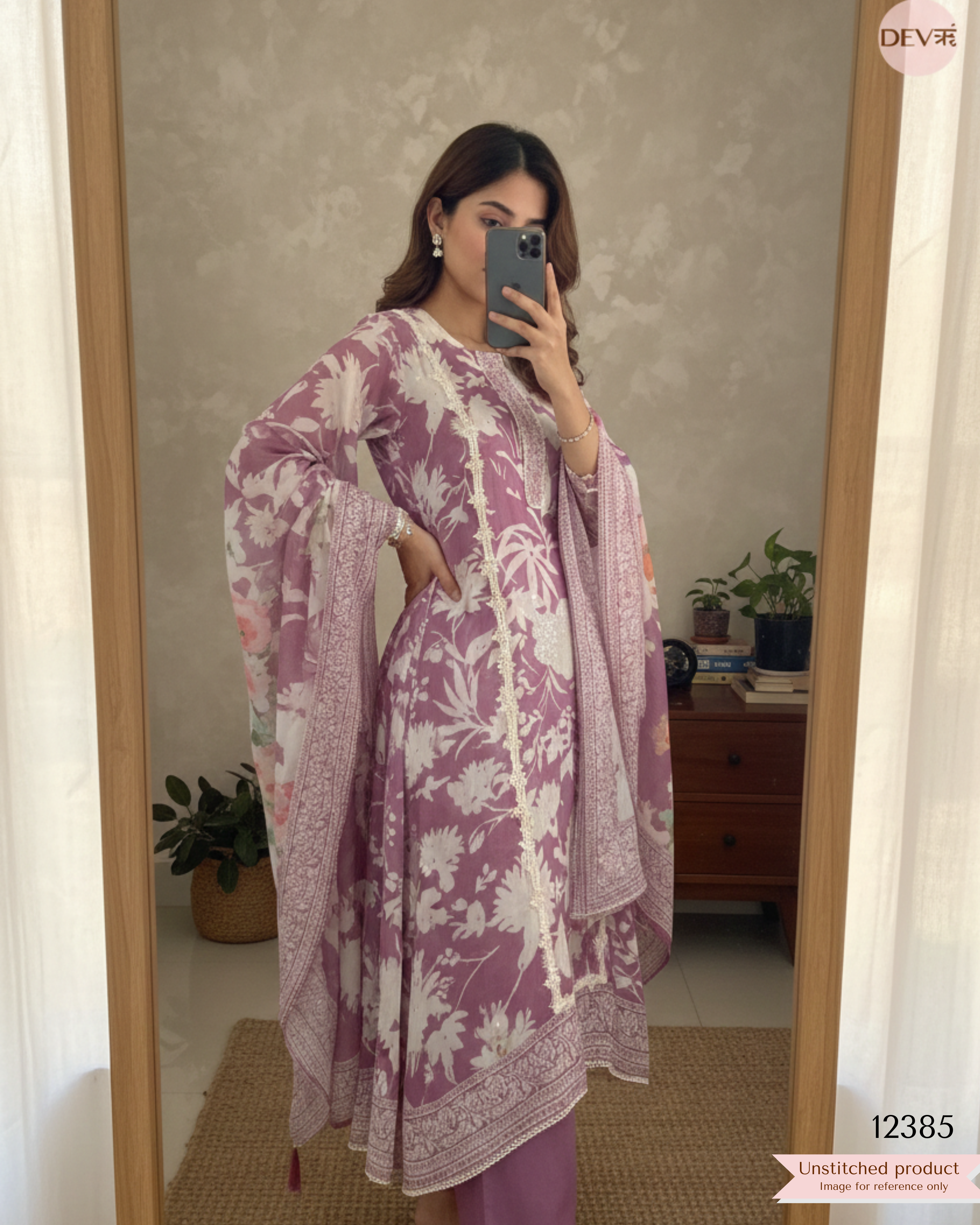 Dusty Mauve Organza Printed Unstitched 3-Piece Suit (Devri – D.No 12385)