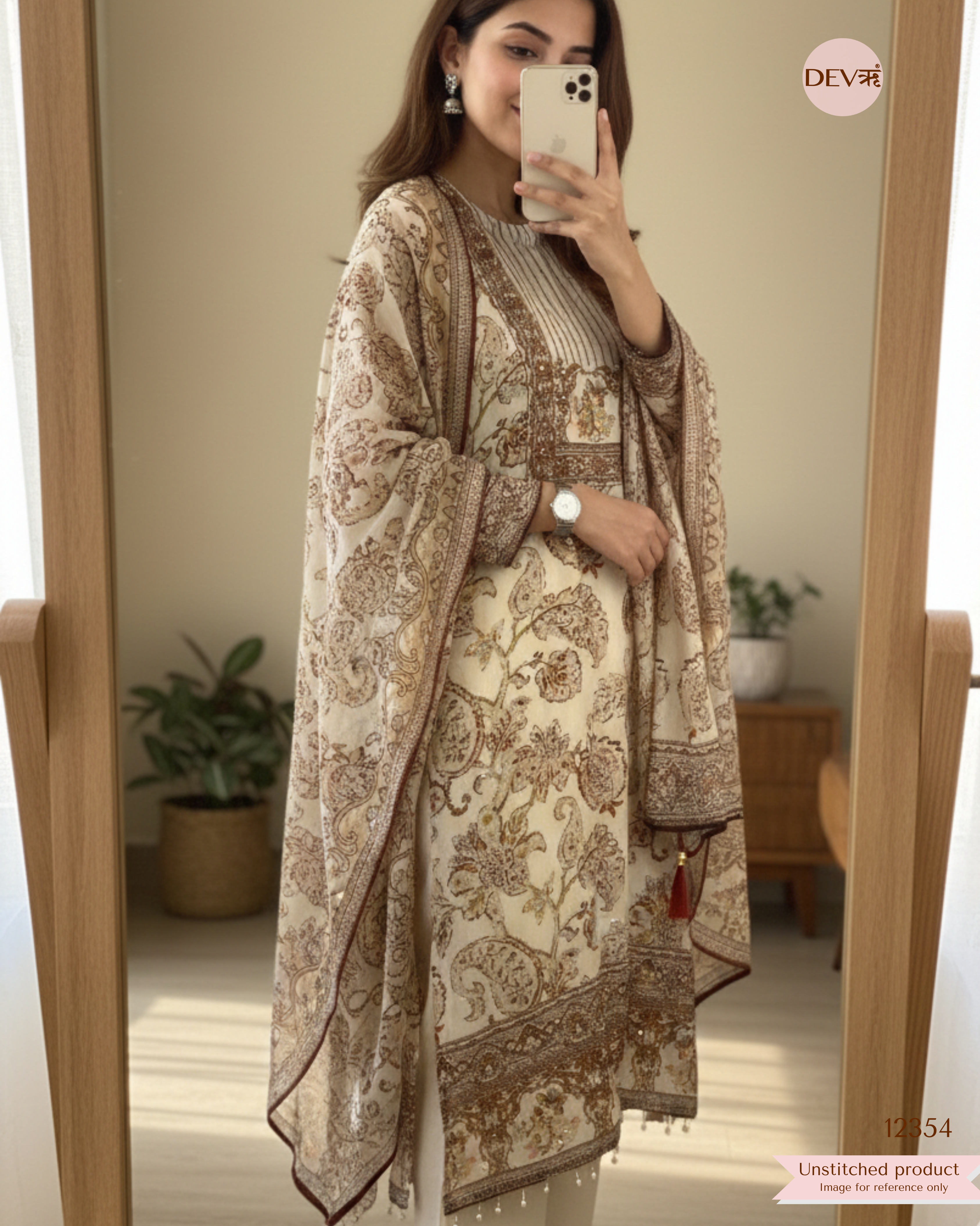 Ivory Organza Silk Printed Unstitched 3-Piece Suit (Devri – D.No 12354)