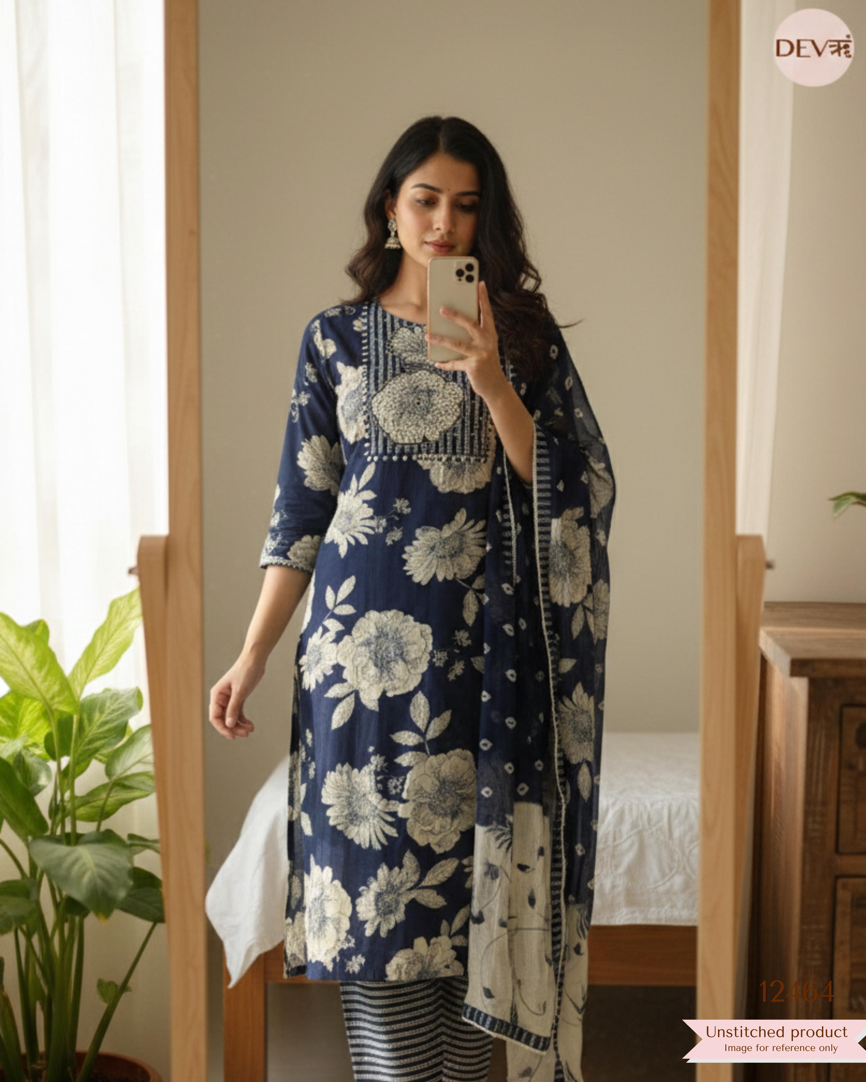 Navy Blue Cotton Printed Unstitched 3-Piece Suit (Devri – D.No. 12464)