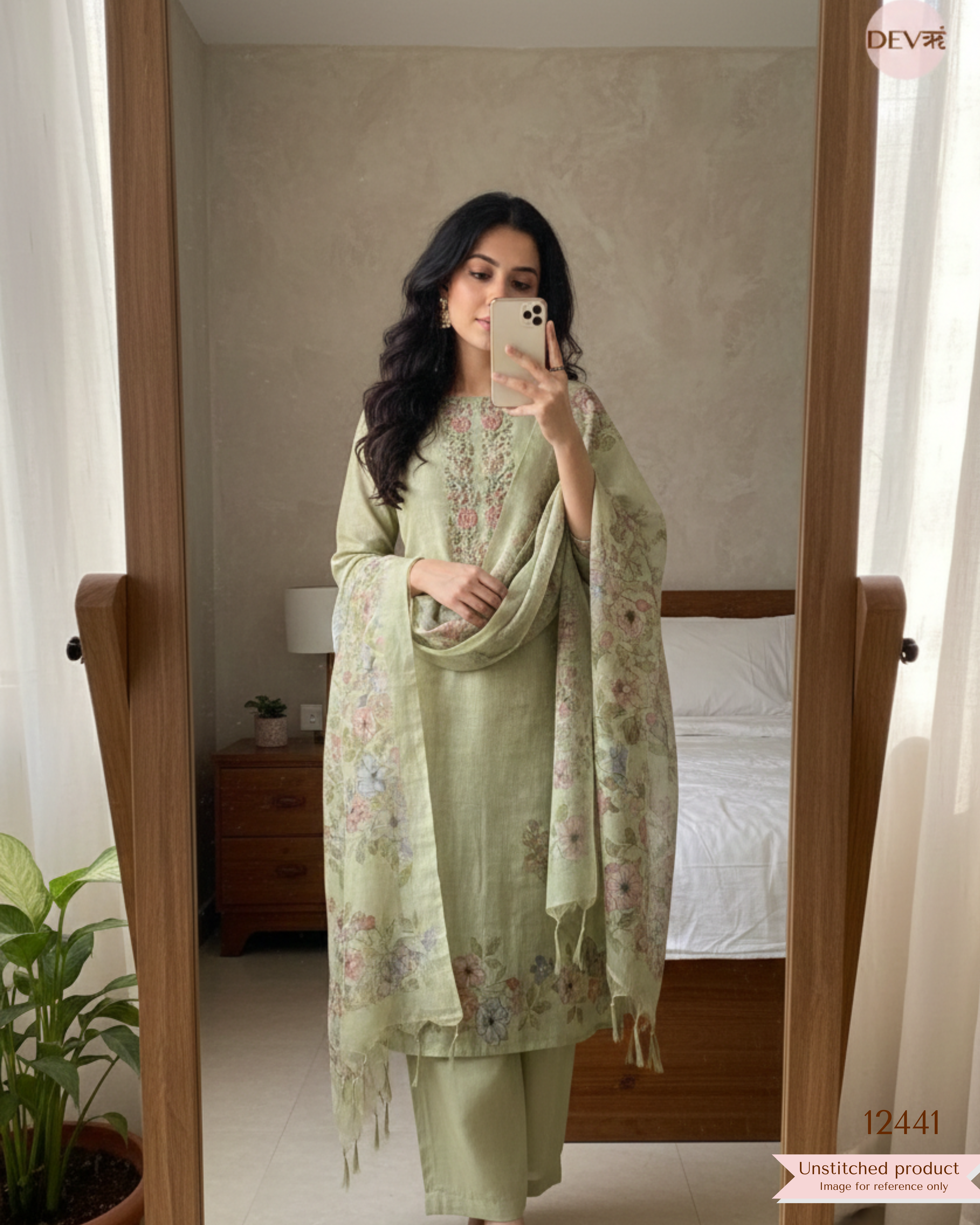 Sage Green Linen Embroidered Unstitched 3-Piece Suit (Devri – D.No 12441)