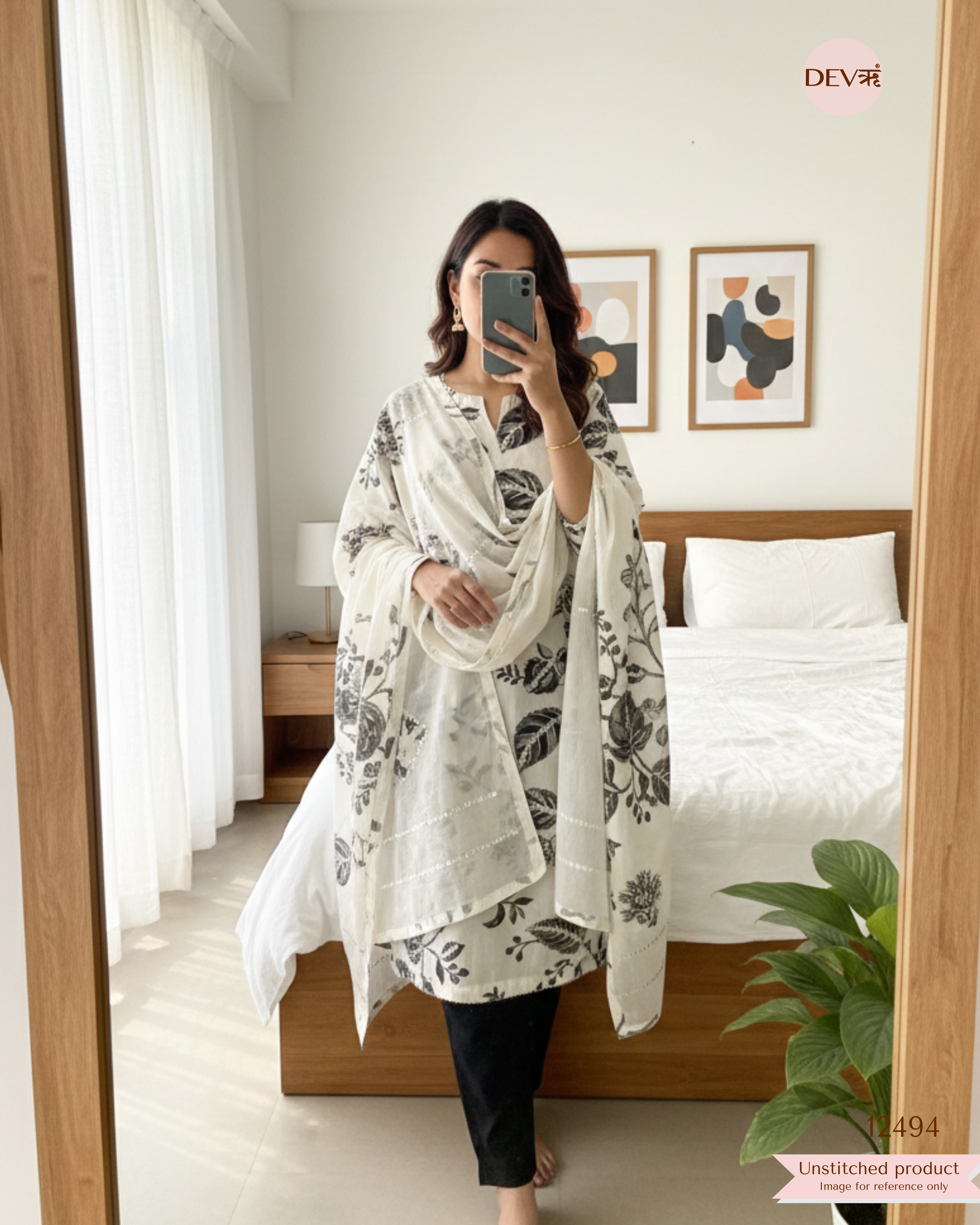 Ivory & Charcoal Pure Cotton Printed Unstitched 3-Piece Suit (Devri – D.No 12494)