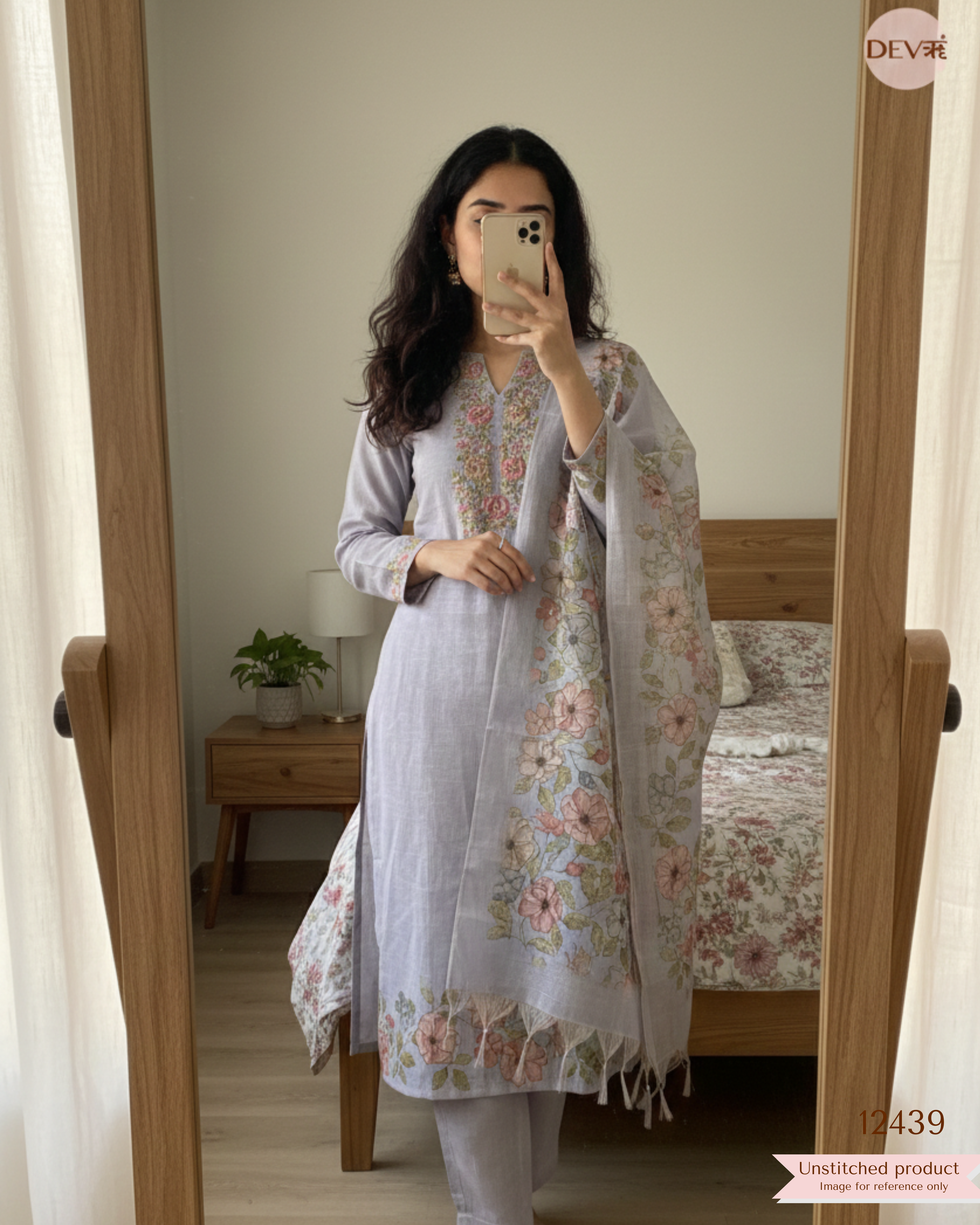 Lavender Linen Embroidered Unstitched 3-Piece Suit (Devri – D.No.12439)