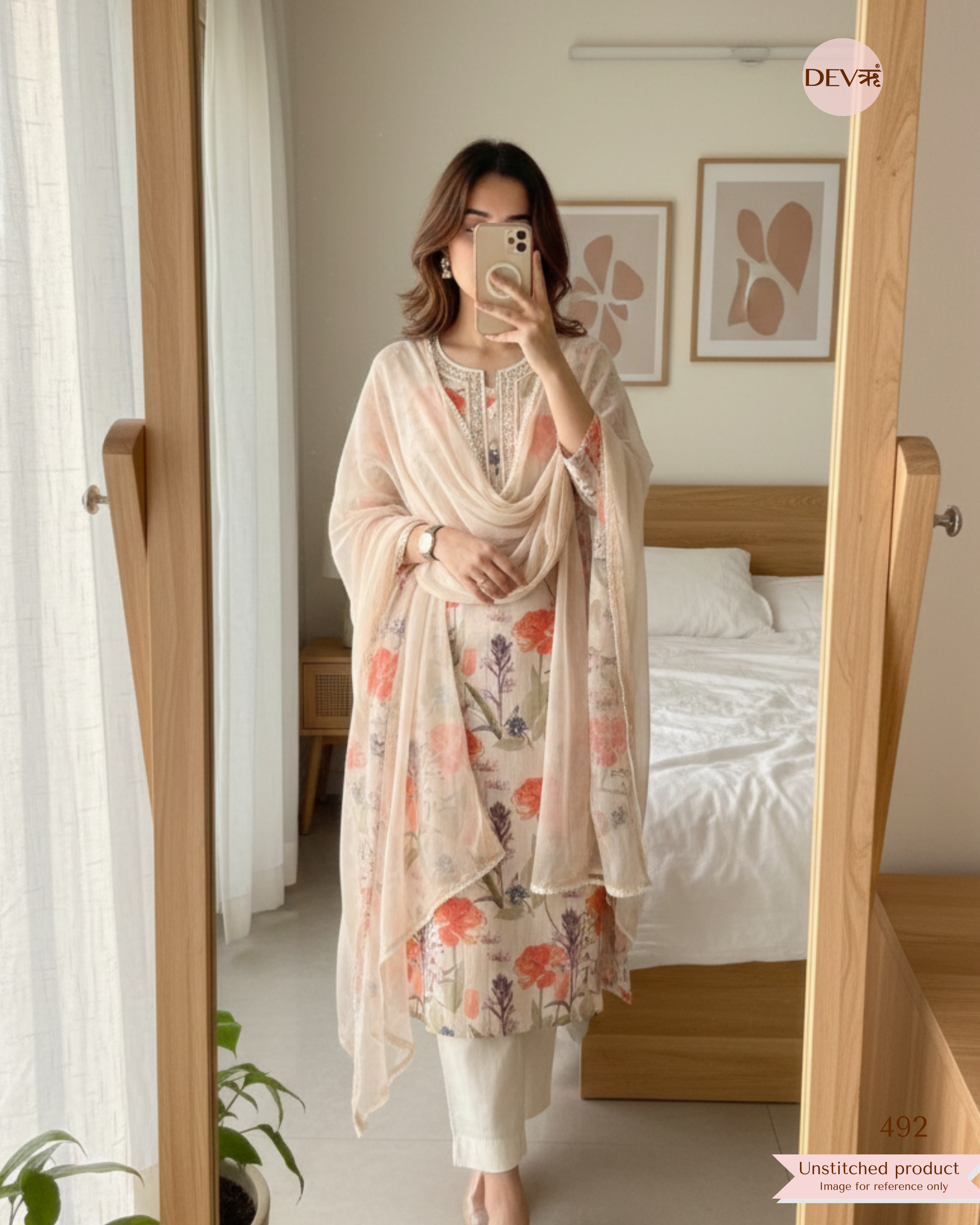 Peach Cotton Floral Printed Unstitched 3-Piece Suit (Devri – D.No. 492)
