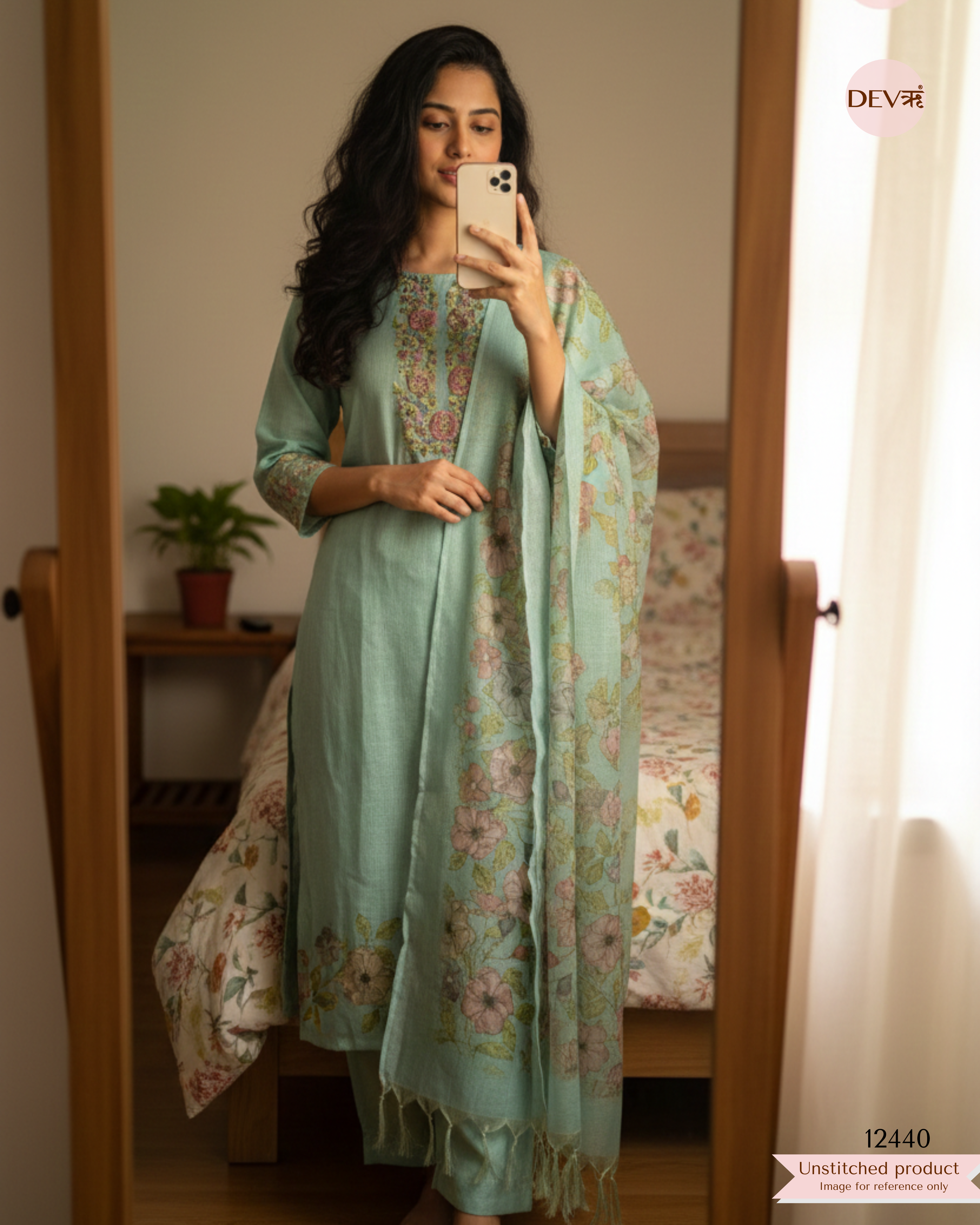 Mint Green Linen Printed Unstitched 3-Piece Suit (Devri – D.No. 12440)