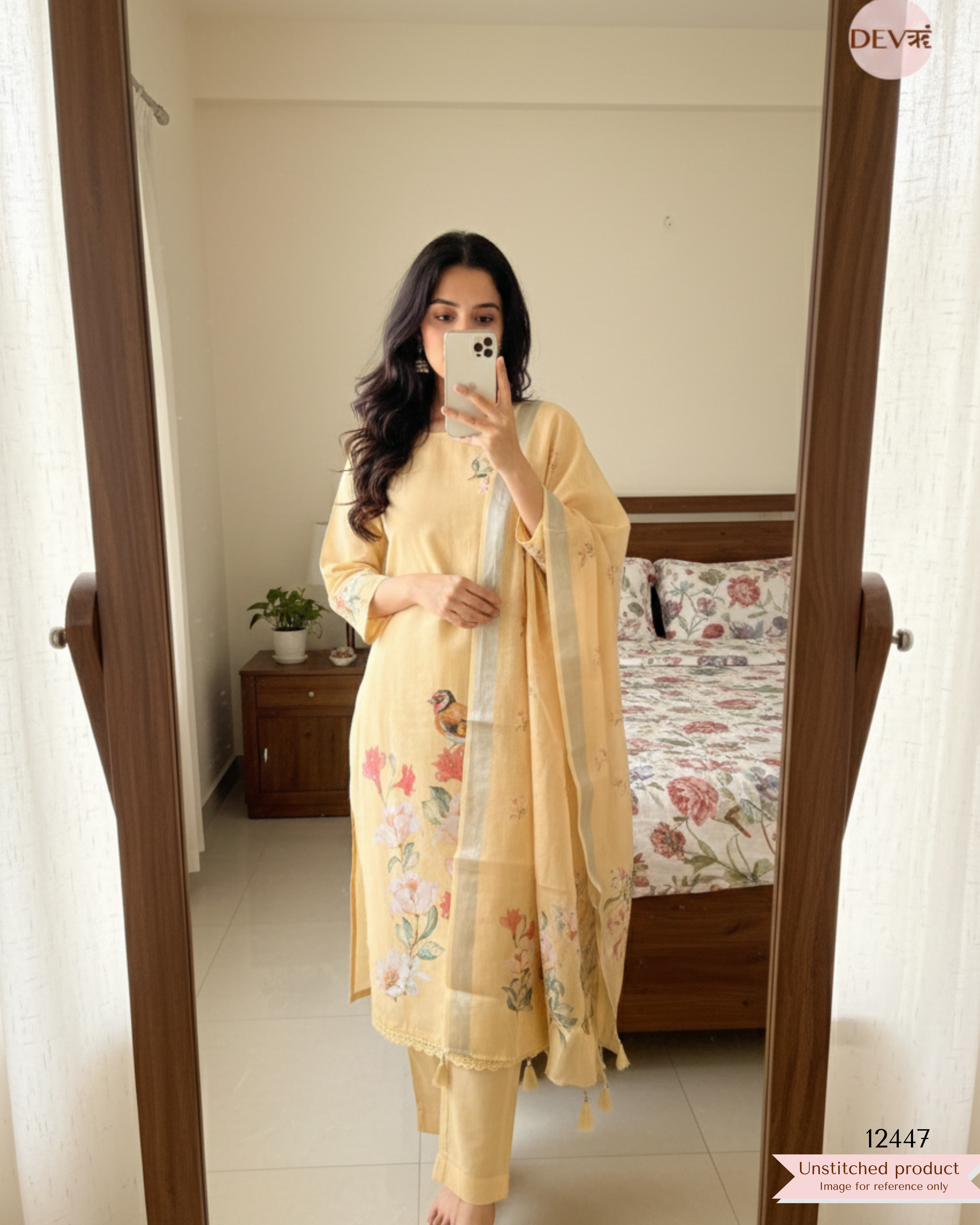 Yellow Linen Cotton Printed Unstitched 3-Piece Suit (Devri – D.No 12447)